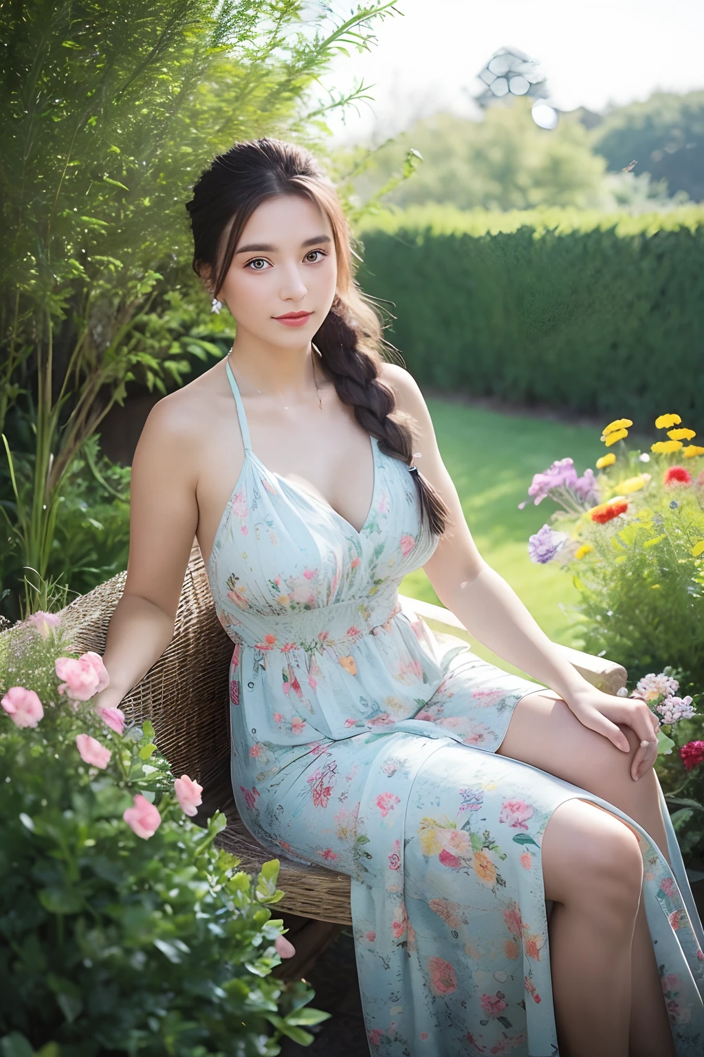 woman, view the viewer, French braided hair , flower halter dress, cleavage, Garden landscape design, (rim-light)