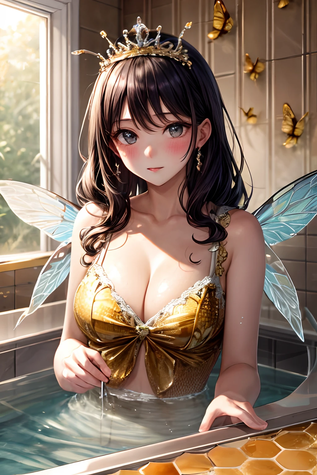 tiara, insect wings, queen bee, bath room, honeycomb (pattern), ultra-detailed, masterpiece, best quality, blush, cleavage
