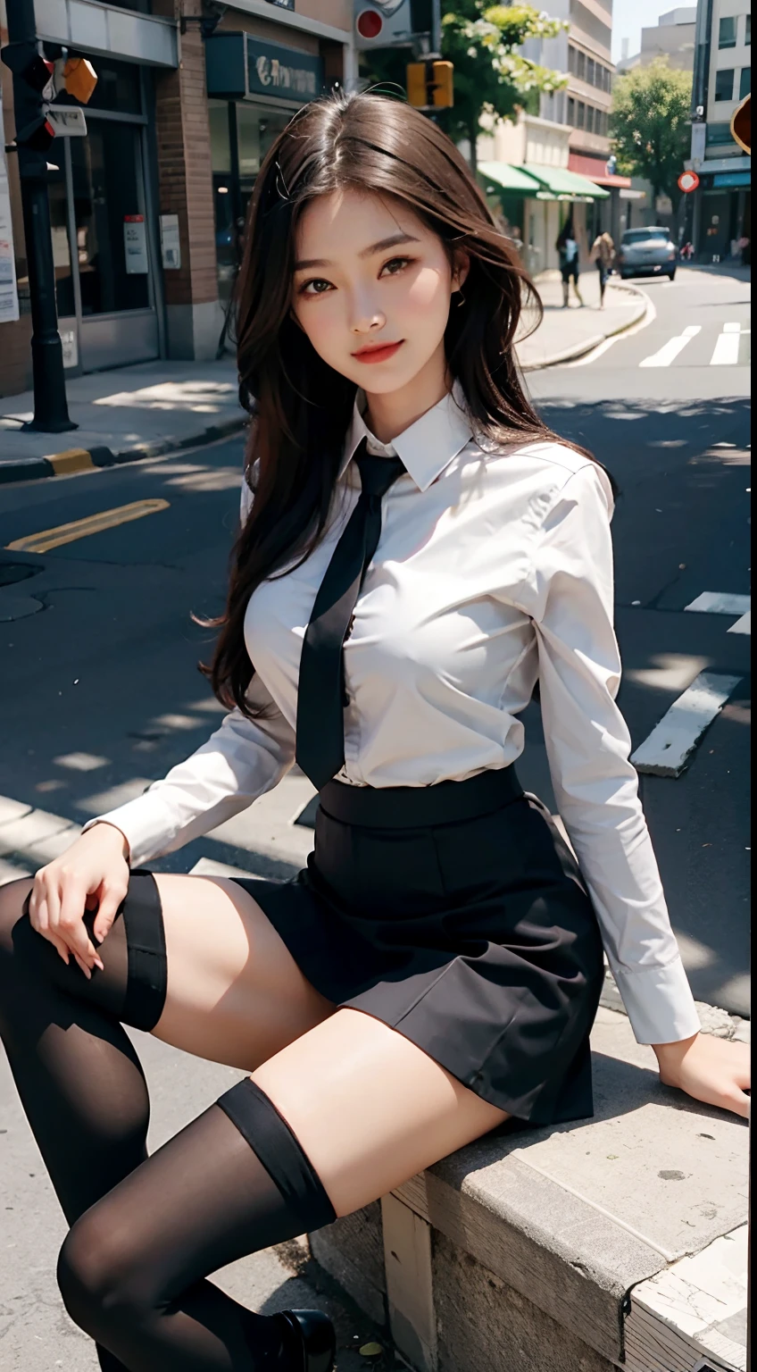 8K, Best quality at best, full-body portrait, Gorgeous Face, pretty face, -yeld fee, Slender body type, OL Uniform, Office clothes, black tights, outdoor scene, sitting pose, Super mini skirt, Beautiful smile, large full breasts