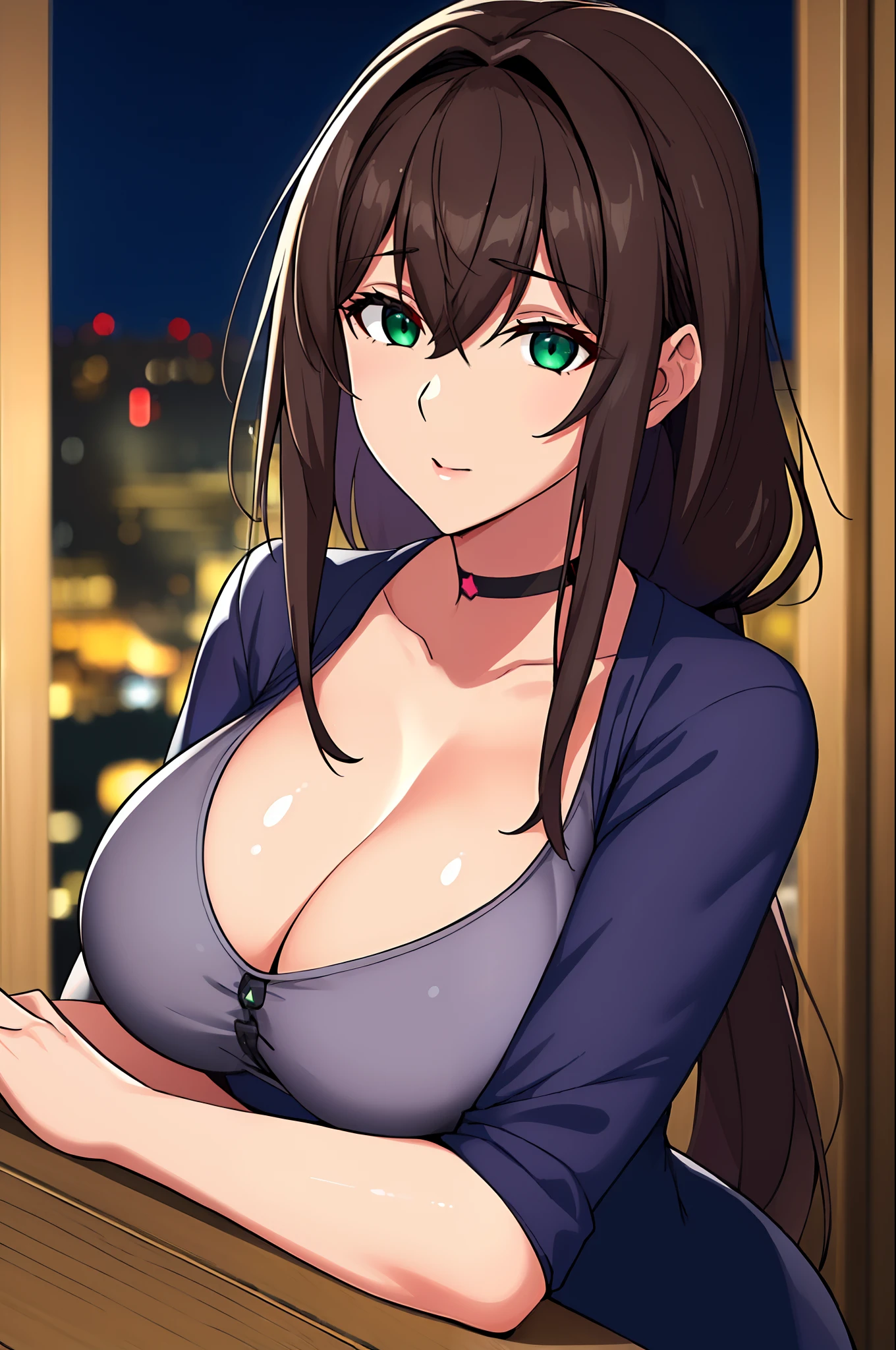 (Night:1.7), Japan, cyberpunk, CityView, Before Window,wooden floor,
Standing at attention,
Blue Jacket, Grey Shirt, collarbone, deep cleavage, Black choker,
jewelry,gem,bangs, Brown Hair, Green Eyes, Braid,long hair, low ponytail, a bow tie,hair ornament, hairclip,
1 girl, 20yo,Young female,Beautiful Finger,Beautiful long legs,Beautiful body,Beautiful Nose,Beautiful character design, perfect eyes, perfect face,expressive eyes,
looking at viewer, in the center of the image,(Upper_body),(Focus on her face),
official art,extremely detailed CG unity 8k wallpaper, perfect lighting,Colorful, Bright_Front_face_Lighting,shiny skin,
(masterpiece:1.0),(best_quality:1.0), ultra high res,4K,ultra-detailed,
photography, 8K, HDR, highres, absurdres:1.2, Kodak portra 400, film grain, blurry background, bokeh:1.2, lens flare, (vibrant_color:1.2)
(Beautiful,Breasts), (beautiful_face:1.5),(narrow_waist),