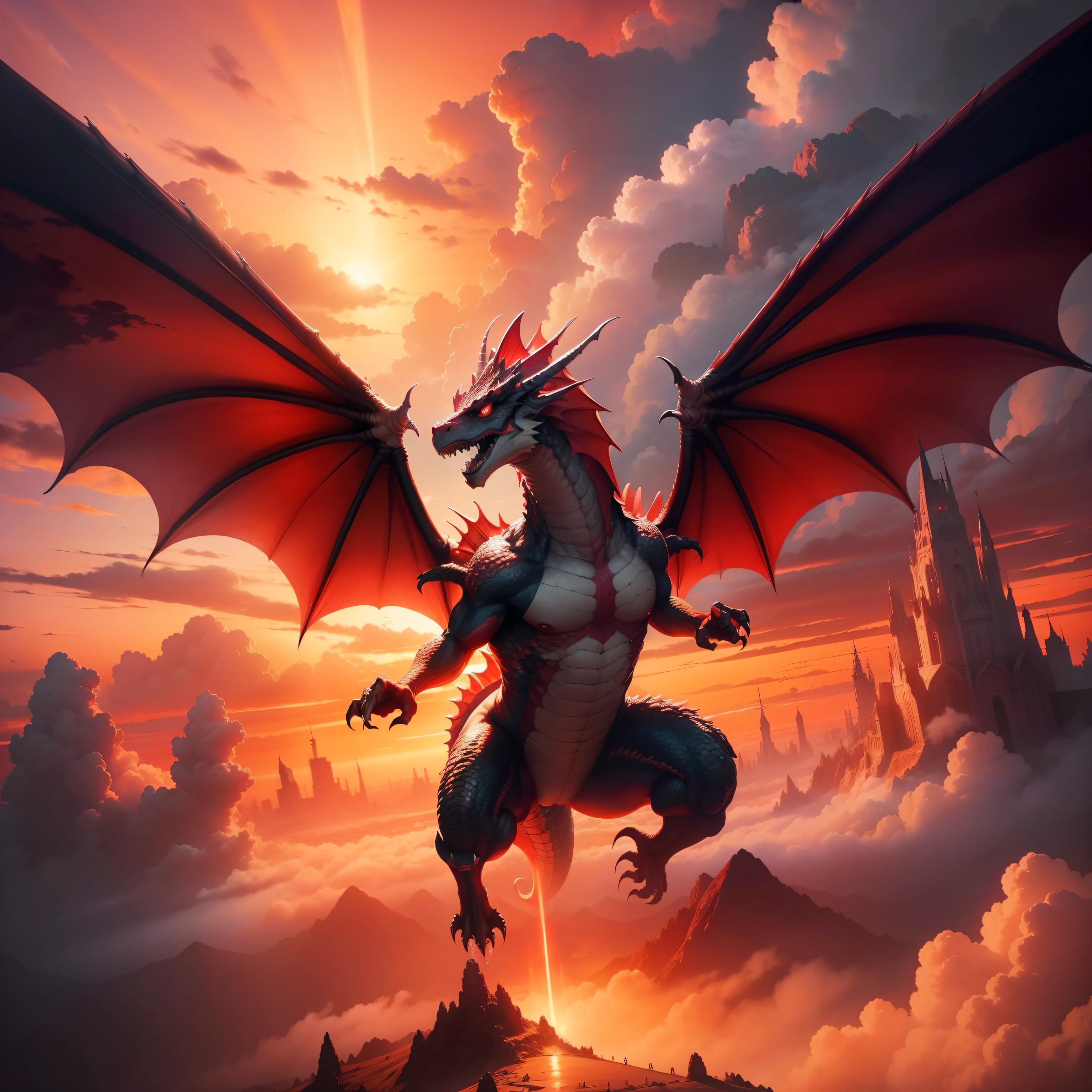 A realistic dragon stepping out among the clouds in a red sky with rays and lights  , do lado dele uma pessoa voando