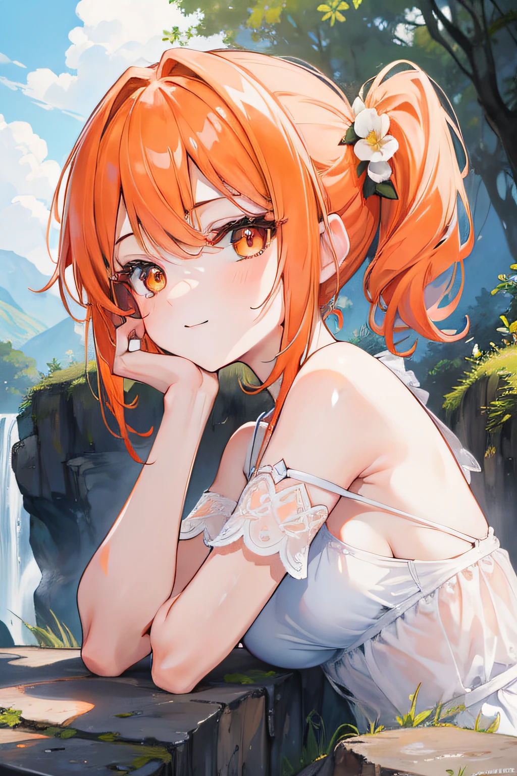 (masterpiece, best quality:1.4), 8k, official art, raw photo, absurdres, from below, girl, orange hair, short hair, ((side ponytail)), orange eyes, evil smile, upper body, sitting, white summer dress, wet, see-through, stone bridge, ruins, sky, woods, stream, detailed shadow, light leaks, perspective, depth of field, sharp focus, highres, ultra detailed, finely detail, extremely detailed, (detailed eyes and face, sharp pupils, realistic pupils:0.6)