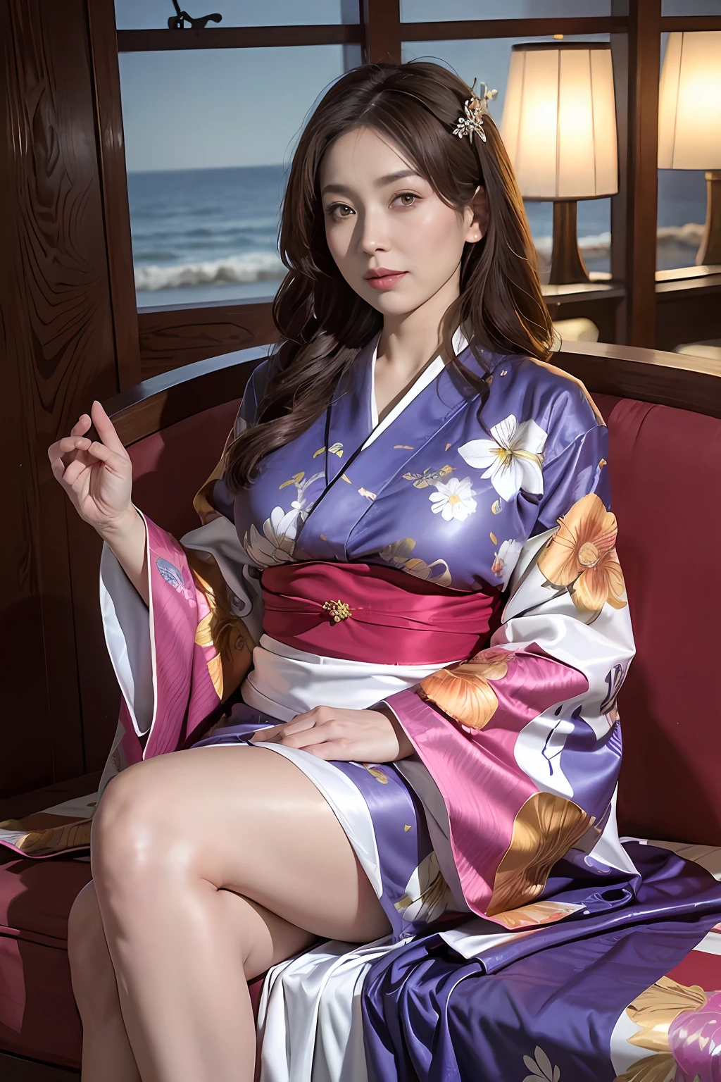 (Side Focus)、Facing to the side、((Beach))、((mare))、Side、Surrealist portrait of a beautiful mature woman by David Hockney and Alphonse Mucha,((Kimono with less fabric))、Sexy light kimono with little fabric、Sexy kimono、Sexy kimono,((Breasts that seem to spill out of kimono))、Decorated with kimonos with fine embroidery and fine jewelry,My kimono is about to tear、Protruding 、(((Japan Woman, 50 years old)))、(((A sexy mature girl)))、queen、(Sexy Married Woman)、( Exposed)、((the royal palace))、((Royal Sofa)),Fantasyart,((long wavy hair of light brown color))、photographrealistic,动态照明,art stations,poster for,curvy model, curvy body, thick body, (Breasts are big), goddes, Beautiful body, amouranth, large breasts size, Better known as Amouranth、Volumetriclighting,extra detailed face,4 k'',((Colossal tits))、With diamonds,Sexy thighs,Exposing your feet、exposing the abdomen ,Chest 1 Girl, In the Dark, deepshadow, low tune, Cowboy Shot,(official clothing:1.4), The eyes are confused and seductive,legs separated、