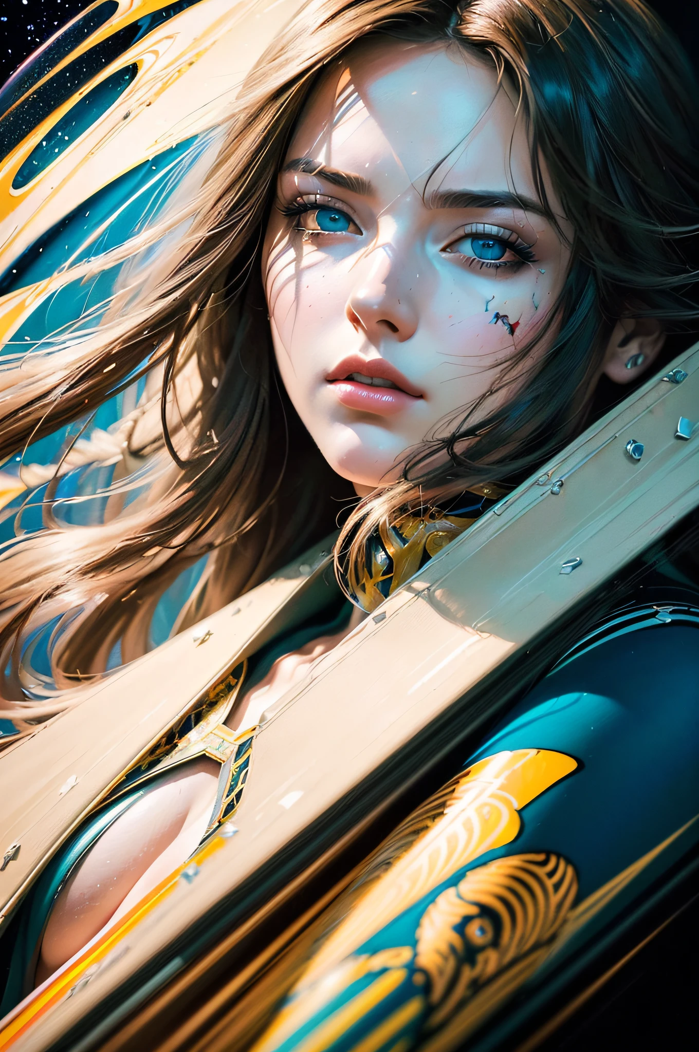 best quality, masterpiece, (realistic:1.2), detailed face, beautiful eyes, (masterpiece, top quality, best quality, official art, beautiful and aesthetic:1.2), (1girl:1.4), extreme detailed, (Joshua Middleton comic cover art:1.1), (Action painting:1.2), (concretism:1.2), theater dance scene, (hypermaximalistic:1.5), colorful, highest detailed,