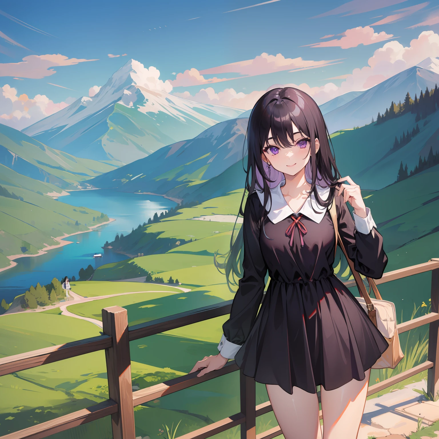 (Masterpiece), ((Best Quality)), (Super Detail), 1 Girl, black hair, long hair, Smile, Mountain, Lake, Steppe, purple eyes, Long sleeve, casual dress, Black thighs, View viewer, Standing, thin eyes