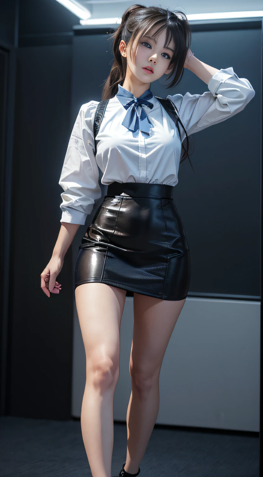 Full body capture,(8K, RAW photo, Best quality, Mastery:1.2), (Realistic, photo-realistic:1.37),1 girl,Cute,Blue eyes, (Solo),full-body portraits,Detailed ponytail,Dramatic angles,office room,looking at viewert,angle of view ,cyber punk perssonage,Short black lace skirt,tiny feet,