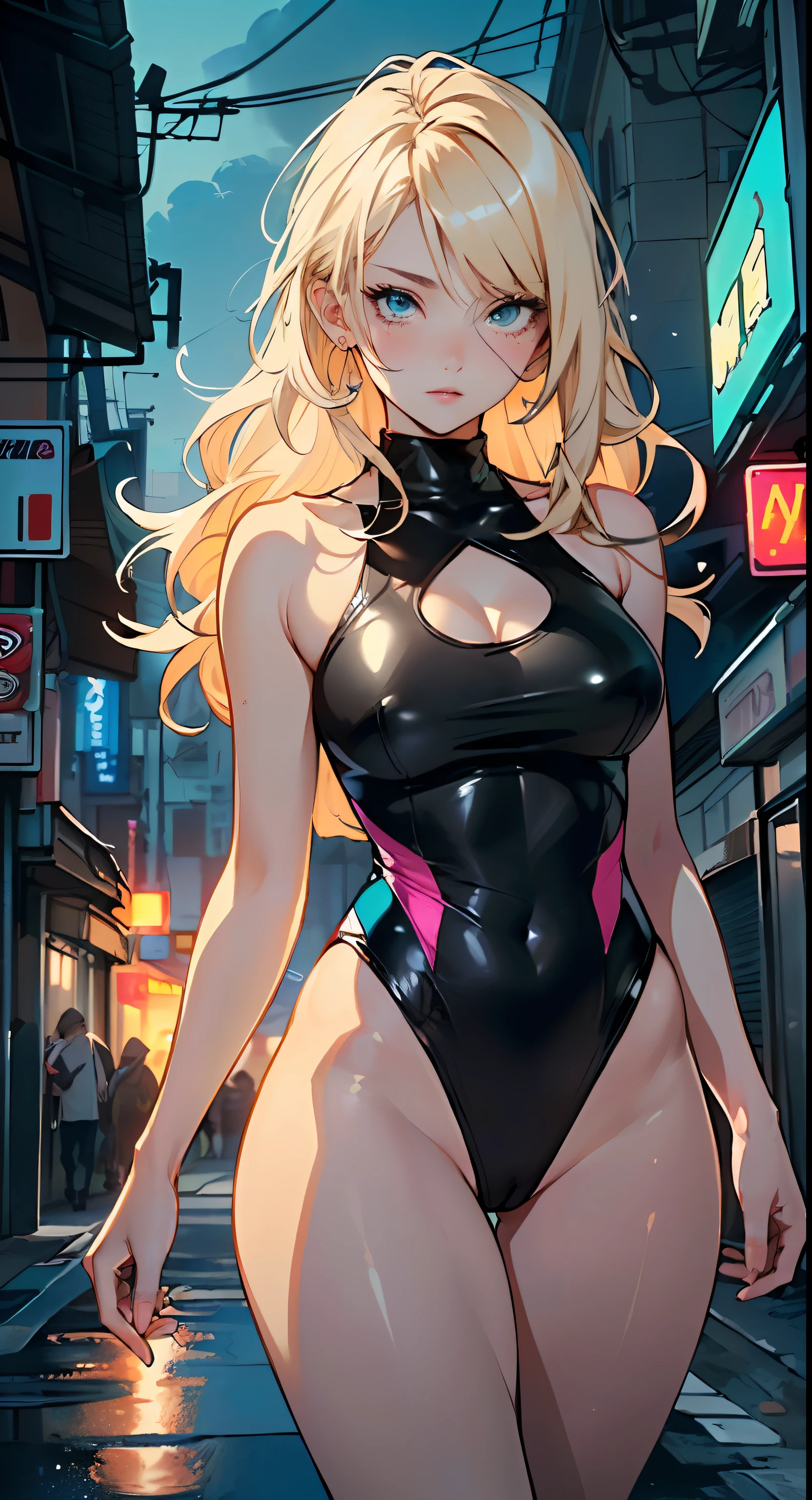 girls swimmers, 2 girls, 2 girls, two girls, multiple girls: 1.3, ((anime girls, twins with extremely cute and beautiful blonde hair walking seductively down the street)), (((twins)))),

((((Two twins)))), 2 swimming twins,((((two anime twins with extremely cute and beautiful blonde hair walking seductively down the street)))),

(large breasts:1.4),saggy breasts,(((very light blonde hair:1.35,straight hair,long hair:1.4,colored inner hair,ear breathing))),((heterochromia,eye1 blue,eye2 green,perfect eyes,upturned eyes:1.3,beautiful detailed eyes,finely detailed beautiful eyes:1,big highlight on eyes:1.2)),((fat)),(((lustrous skin:1.5,bright skin: 1.5,skin tanned,shiny skin,very shiny skin,shiny body,plastic glitter skin,exaggerated shiny skin))),(spider lower abdomen,narrow waist,wide hip,athletic body,inflated legs,delicate detailed fingers,detailed body,detailed arms,human hands,(detailed face)),

cute,slutty,seductive,erotic,(((nsfw))),

((one-piece_swimsuit magenta)),(wearing a one-piece_swimsuit outfit:1.3),(detailed outfit,detailed clothes),

(dynamic pose:1.0),embarrassed,centered,scale to fit dimensions,Rule of thirds,

outdoors,((night view)),(cyberpunk night street Background: 1.5,dark sky,alleyway,lonely alley,thick clouds,detailed background:1.25),

(best quality),(high resolution),(sharp focus),(ultra detailed),(extremely detailed),(extremely high quality artwork),8k_wallpaper,(extremely detailed CG 8k),(very fine 8K CG),((hyper super ultra detailed perfect piece)),flawless,(((masterpiece))),illustration,vibrant colors,(intricate),High contrast,Selective lighting,Double exposure,HDR (High Dynamic Range),Post-processing,Background blur,