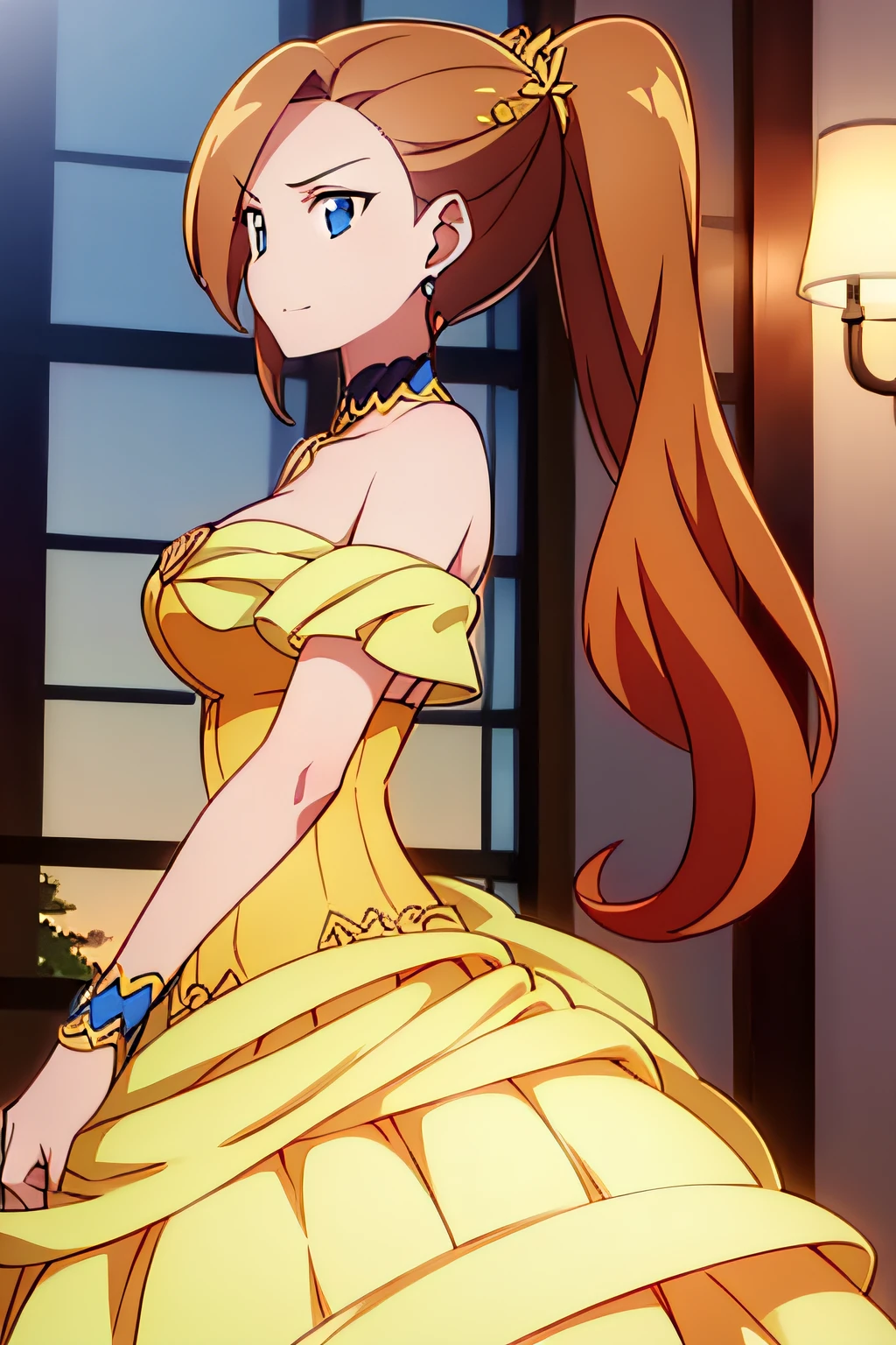 (((Best quality))), ((Ultra-detailed)), ((illustration)), ((Disheveled hair)), ((frilld)), (1 girl),(Solo),
rating:safe,Yellow_dress,sideways,evening_dress,