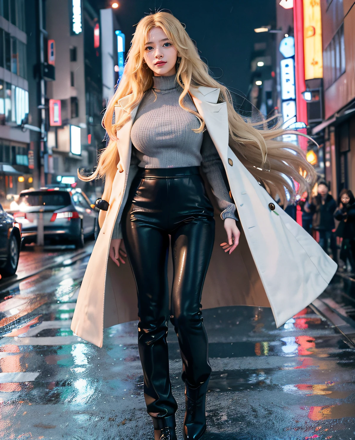 1girl, (Blue Eyes), seductive smile, ((Sana Minatozaki)), wide hips, Big Boobs, big ass, (Best Quality, 8k, Masterpiece: 1.3), Clear Focus: 1.2, Perfect Body Beauty : 1.4, Slender Abs: 1.2, Highly detailed face and skin texture, detailed eyes, double eyelids, (long blonde hair), (hair blowing in the wind :1.2), (wool pullover and long coat), (leather pants), standing on a street in tokyo, a lot of wind, raining