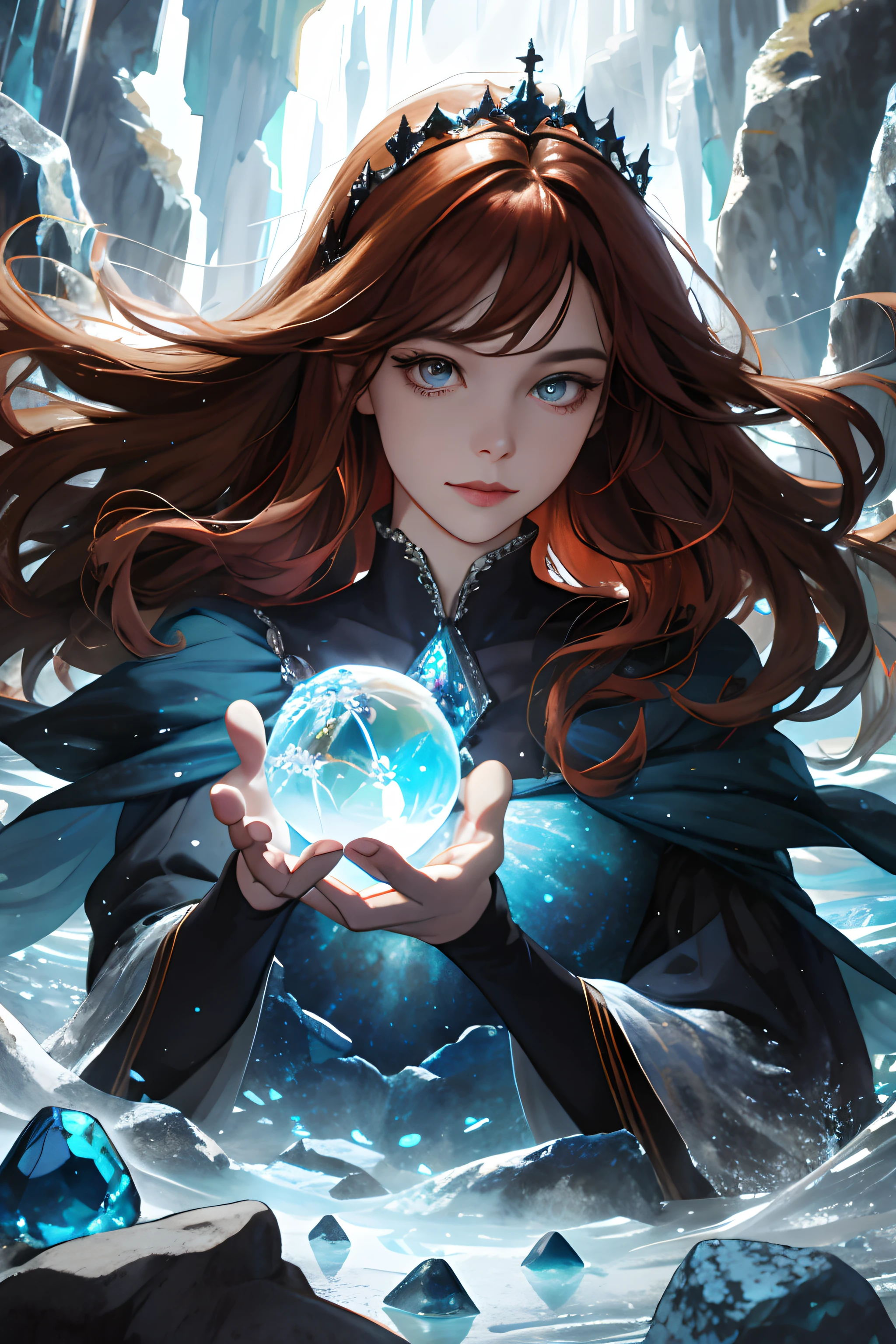 (absurderes,A high resolution,ultra - detailed),1woman,younger female,Moderate age,Long wavy hair,auburn hair,Coral-colored eyes,By bangs,longer sleeves,Delicate eyes and delicate face,Extremely detailed CG unity 8k wallpaper,Complicated details,( style-swirlmagic:1.0), looking at viewer, solo, upper body, detailed background, close up, detailed face, (gothic dark ages theme:1.1), crystal sorcerer, dynamic pose, earth themed clothes, crystal crown, Float in the air,glowing magical shards,Surrounded by blue magic crystals,rock formations,stalactites,Magic floating particles,crystal glass,crystal sphere,Crystal canyon background,(shallow water:0.7),Epic ethereal atmosphere,Updraft,sportrait