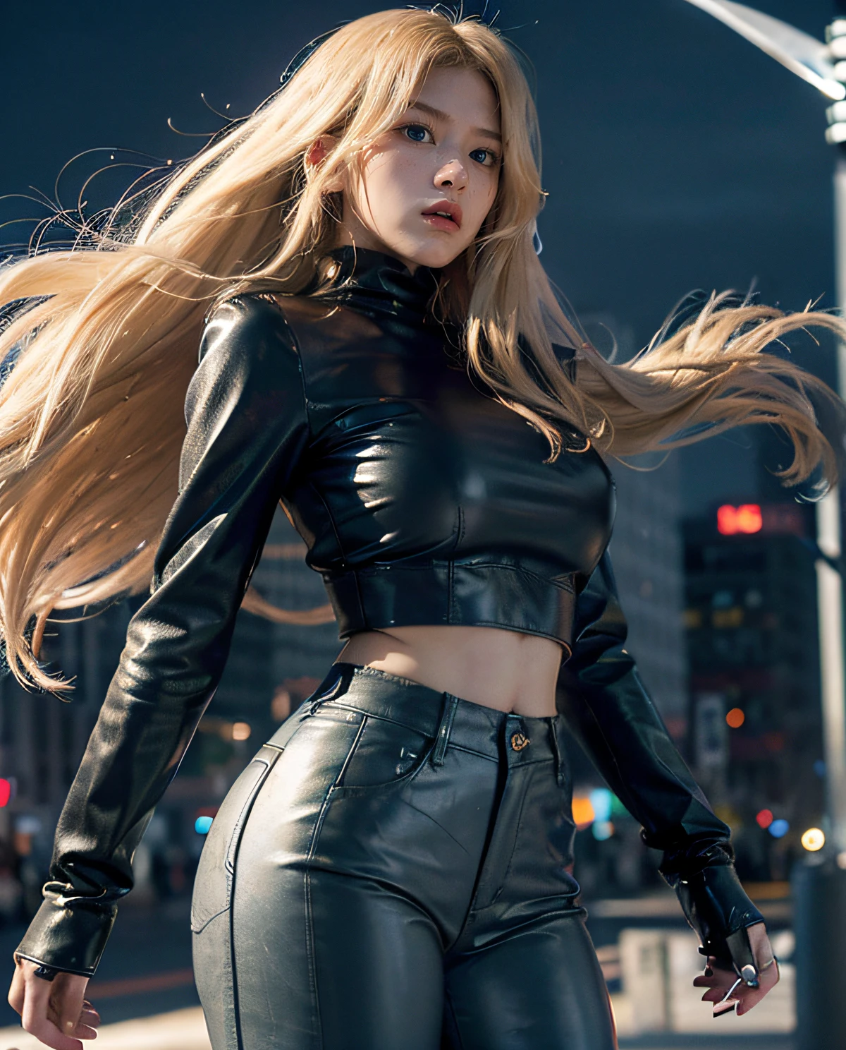 1girl, (Blue Eyes), angry face, ((Sana Minatozaki)), wide hips, Big Boobs, big ass, (Best Quality, 8k, Masterpiece: 1.3), Clear Focus: 1.2, Perfect Body Beauty : 1.4, Slender Abs: 1.2, Highly detailed face and skin texture, detailed eyes, double eyelids, (long blonde hair), ((hair blowing in the wind :1.4)), (wool pullover and long coat), (leather pants), (embraced), standing on a street in tokyo at night, ((a lot of wind blowing)), raining