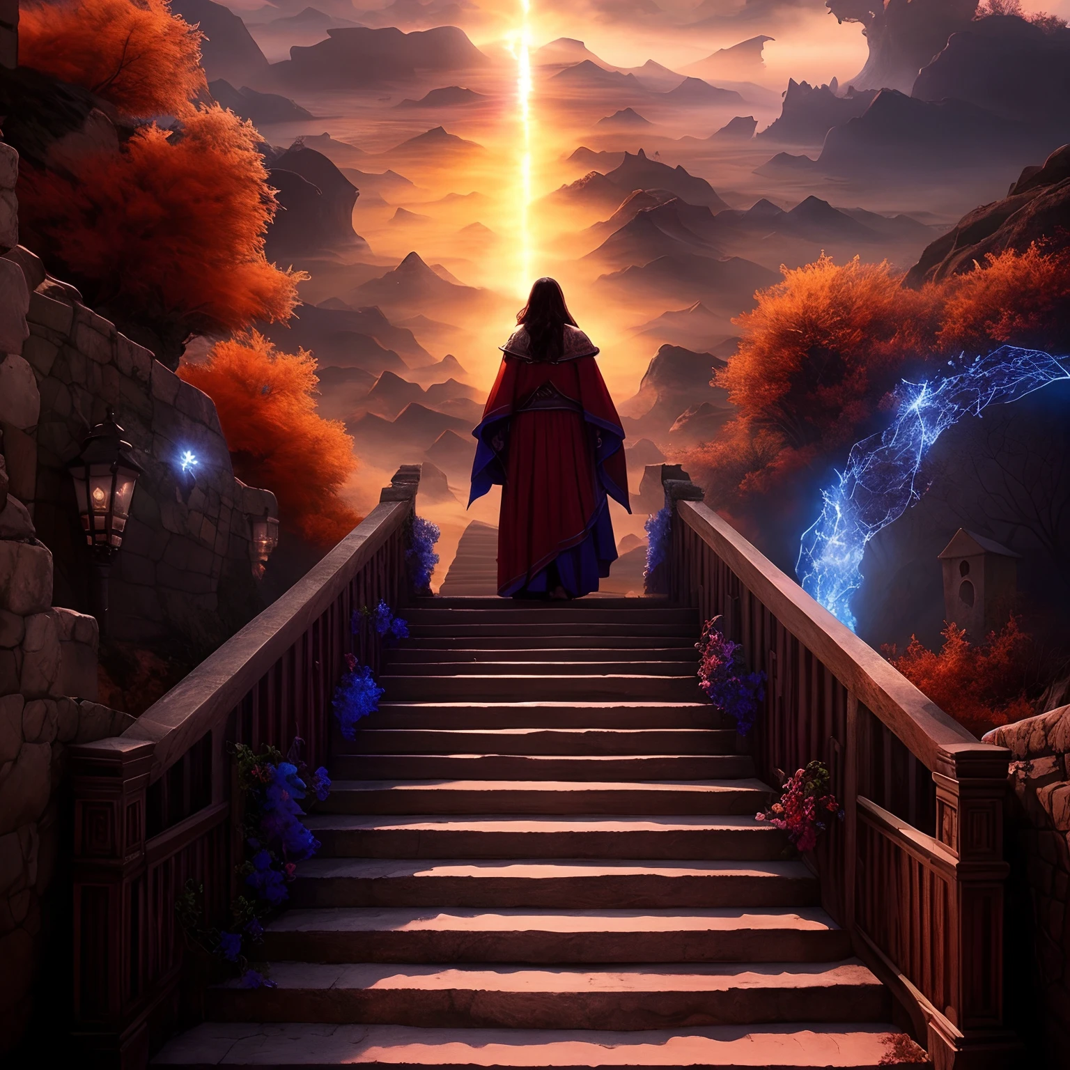 Uma foto tirada de um videogame8k, ((melhor qualidade)), ((obra-prima)), (detalhado) realista, Absurdo , Directed by: José Maria Vien , Imagem de um homem subindo um lance de escadas com uma espada, stairway to heaven, stairs from hell to heaven, Heaven and Hell, dramatic entry, heaven, heavens gate, entrance to ethereal realm, she is approaching heaven, para compreender o inferno ou ir angelical, gates of heaven, celestial, beautiful and cinematic lighting, unreal engine render concept art, realistic fantasy rendering, cinematic matte illustration, Jessica Rossier Arte de fantasia