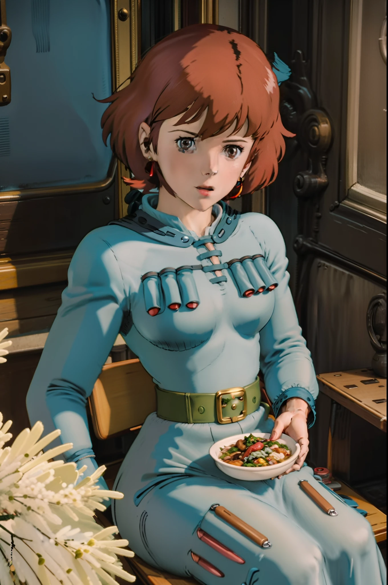 Lola (3DCG Anime)　(Style)　wide vision　sit a chair　having meal