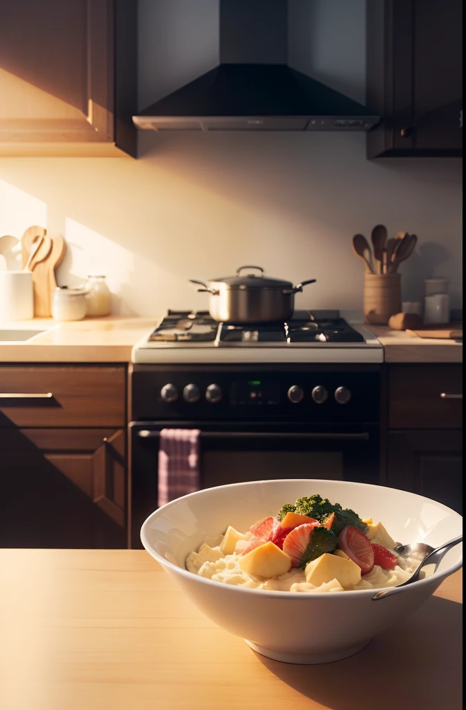 kitchen as a meal on the table background blurred (obra-prima) (8k high resolution) (melhor qualidade) (Ultra Definition) (Ultra realista)(Foto RAW) (Foto realista) (bright illumination)
