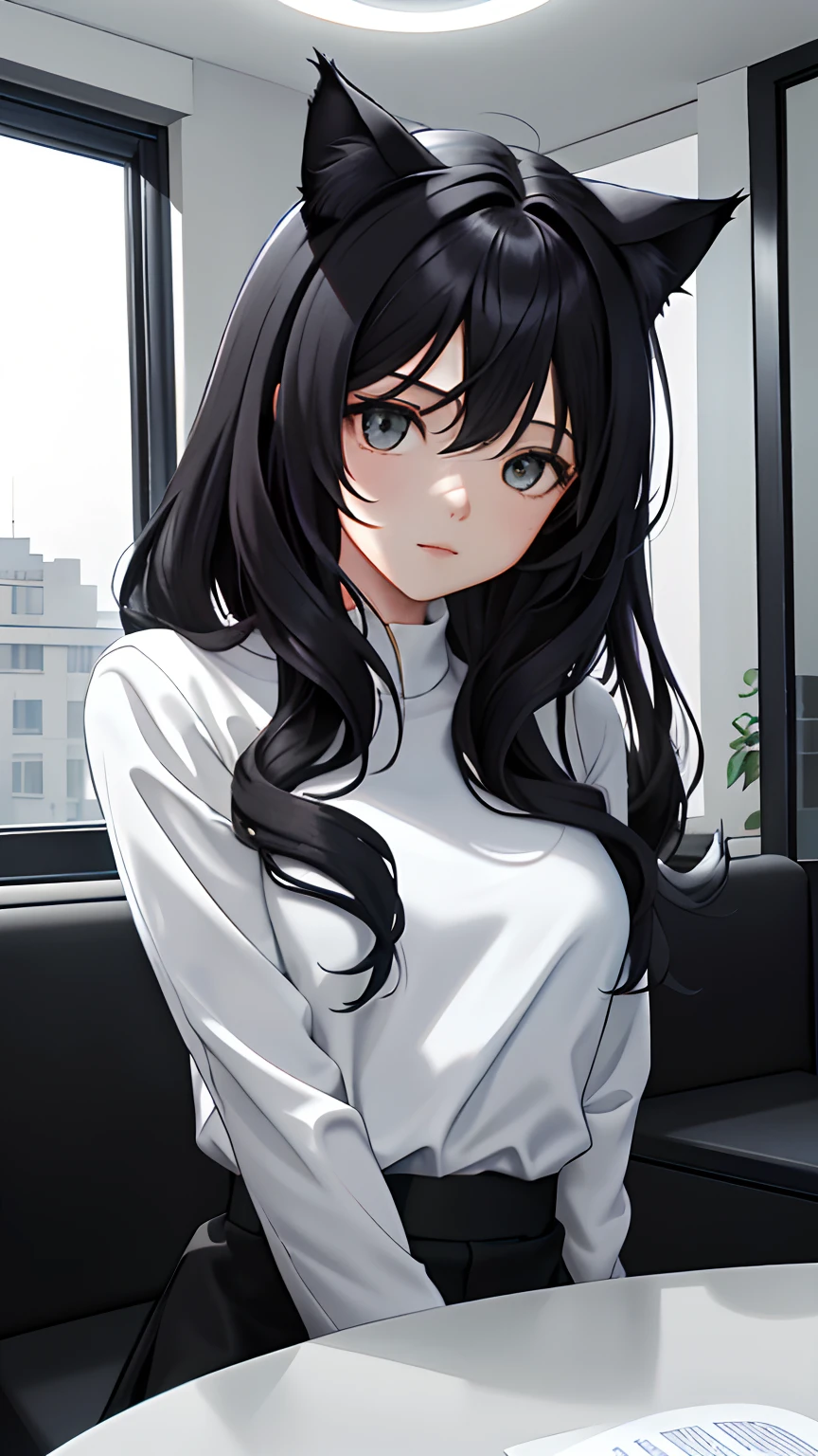 （tmasterpiece，best qualtiy：1.4），1girll，looking at viewert，
（wavey hair：0.8），long whitr hair，
（frontage）， （cinematic ligh：0.8）， Black Themes， cat woman，
{upper body without clothing|cowboy lens}，
{the night|Morning|zori}，
{inside in room|outside}，
{Sat down|station|earth}，