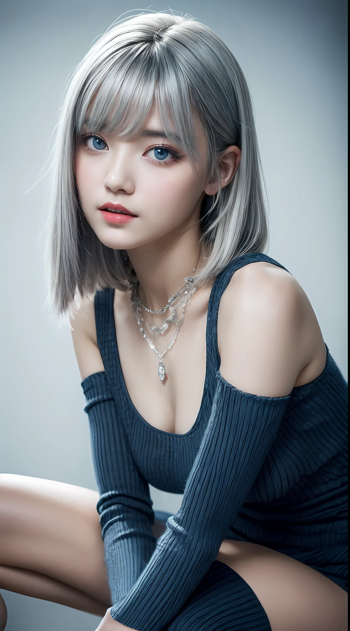 Gray hair, blue color eyes, Red Eyeshadow, ssmile, slightly red face, Feminine expression, The delicate face shape is perfectly described, Eye-shaped necklace, dress in yellow, Black socks, white long gloves, high-heels, Show off your proudness, Best photo quality, 16K high resolution, colored inner hair, Inner dyeing asymmetrical hair asymmetrical hairstyle, Side drill single-sided drill bit rolls, UHD