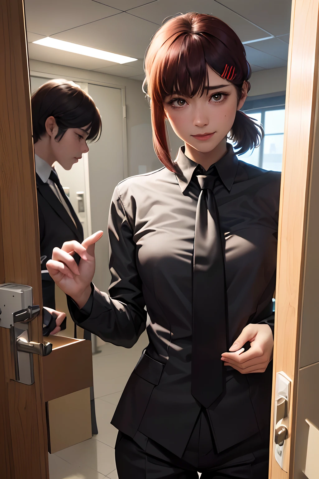 tmasterpiece,best qualtiy,ultra - detailed,illustratio,epic lighting,cinematic compositions,isometry,1girl,独奏,adolable,with brown eye,black color hair,sweeping bangs,single hair,red hair clips,blouse with a white collar,black necktie,Black pantsuit,formal,a captivating gaze,captivating posture,inside in room,office room,doors,Open the door,looking at viewert,peeking out upper body,Be red in the face,seduct smile,Shut your mouth,(8k:1.1),prengant