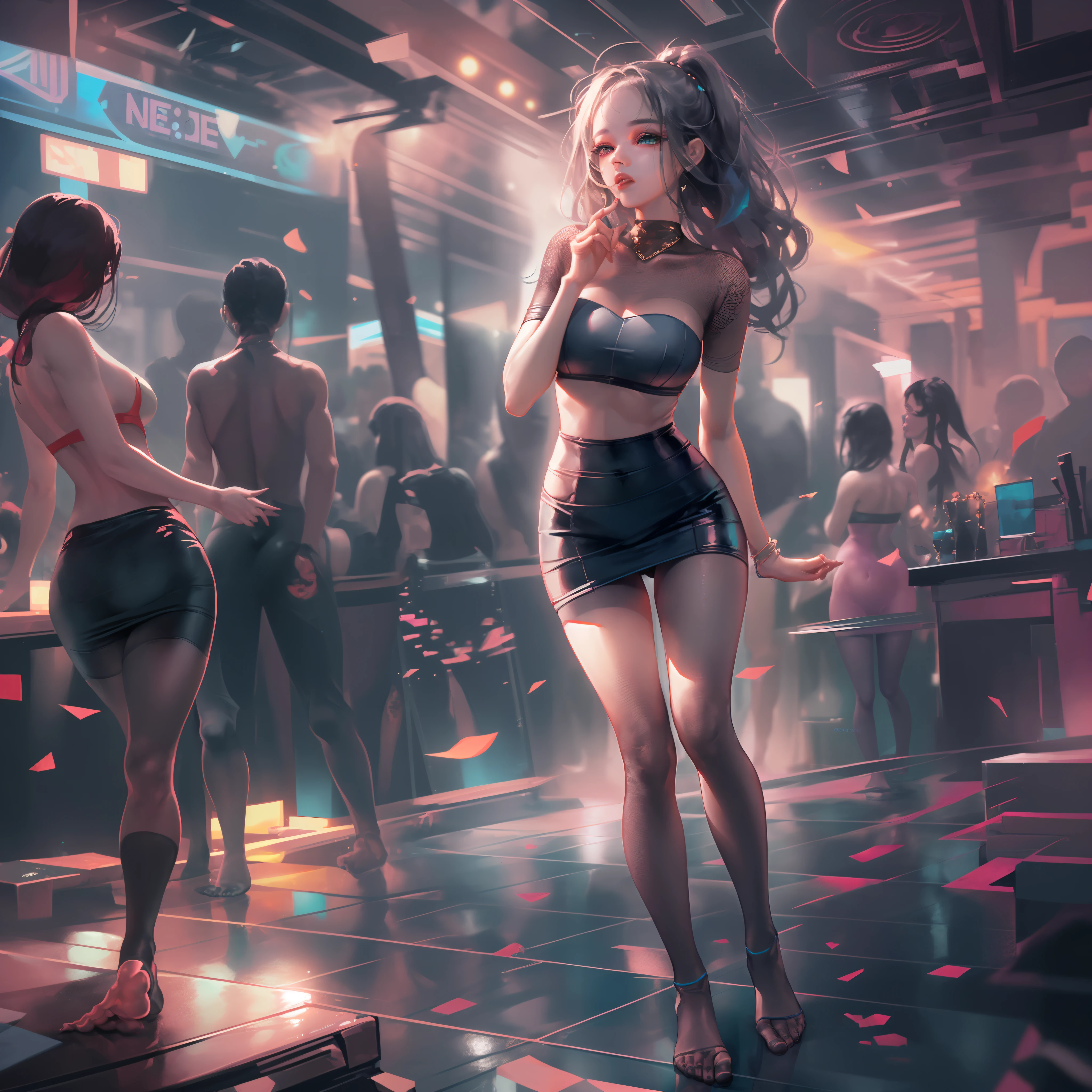 1 girl dancing in a club、(Real Texture、A detailed face、Beautiful hands、Beautiful feet、a navel、tights)、8K、Super Graphics