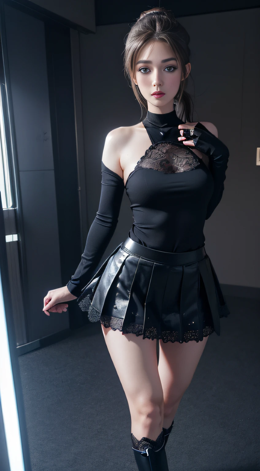 Full body capture，(8K, RAW photo, Best quality, Mastery:1.2), (Realistic, photo-realistic:1.37),1 girl,Cute,Blue eyes, (Solo),full-body portraits，Detailed ponytail，Dramatic angles，office room，looking at viewert，angle of view ,cyber punk perssonage,Short black lace skirt，tiny feet，