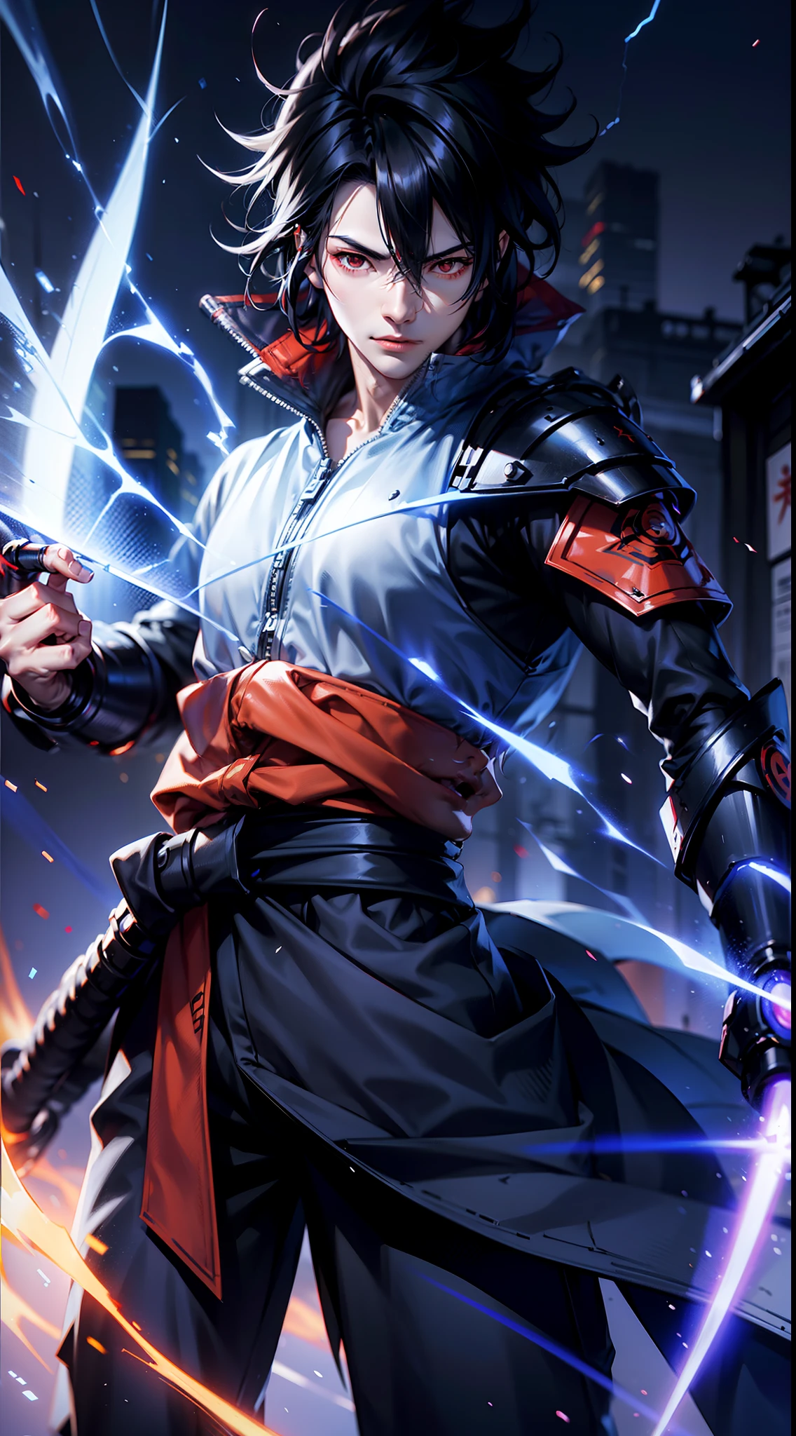 1boy，(((Solo)))，Male，Uchiha sasuke, A character in Japanese manga "Naruto" and its derivative works，（dynamicposes：1.5），holding knives，katana swords，Thunder and lightning surround，realistic lightning，salama，eletric，skills_Susano，Close-up，The character is close to the shot，Metal forehead protection，Shaw tidied up his uniform，Mechanical arms,Red eyes， Black hair，best qualtiy，rhythm，unreal 5 render，rendering by octane，3D，8K分辨率，