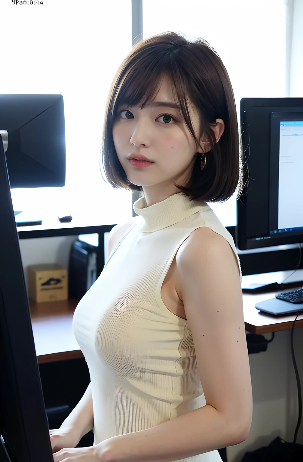 ((8K)、top-quality、​masterpiece、超A high resolution:1.2)Photo Beautiful Japan woman(pleasing:1.1) Elegance、There is a good、Transparent atmosphere、Beautiful face、Gradient lighting、1girl in、Delicate skin、Look into the distance、Brown-eyed、(short hair with bangs:1.2)、(breasts are large:1.0)、(medium areola:0.8)、(realisitic:1.4)、(top-quality:1.0)、(超A high resolution:1.0)、8K、Raw photography、(​masterpiece:0.2)、(pureerosface）、Contrast Trim Polo Neck Bodycon Dress、Onepiece、Polo shirt style dresses、Sleeveless、The shirt、Tight silhouette、want me、Take your eyes off、s Office、There are many computers lined up、Lots of desks、Large office、erect through、total darkness、subject、Lean、Hang your employee ID card from your neck、Having a file、deep in the night、Ass big、Kinda chubby、Bangs shed to the side、organize your hairstyle well、Put your ears out、Hold a file in your hand、