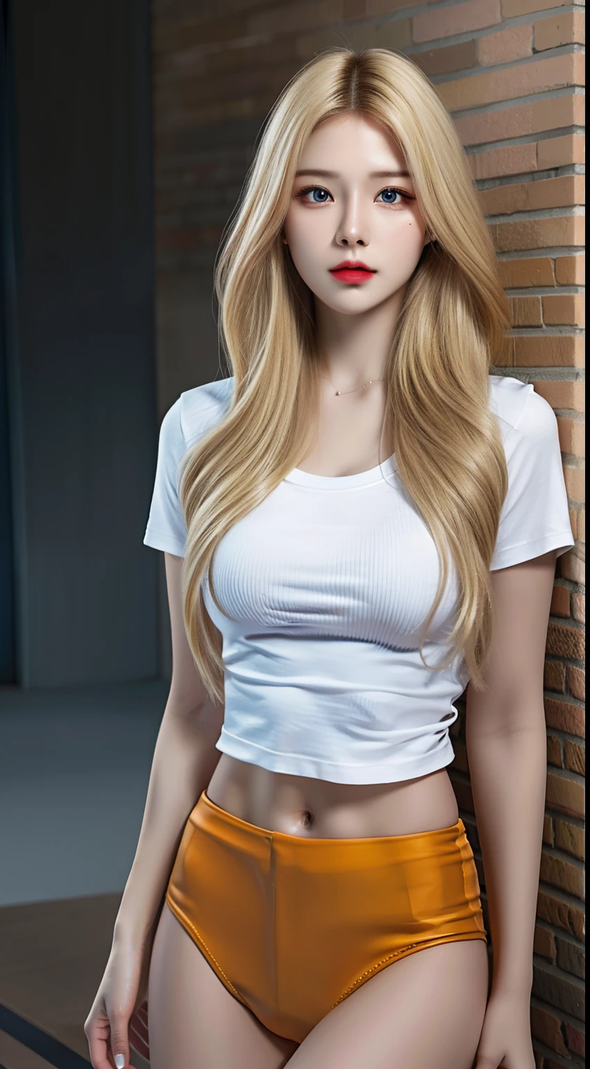 (hyperrealistic), (illustration), (high resolution), (8K), (extremely detailed), (best illustration), (beautiful detailed eyes), (best quality), (ultra-detailed), (masterpiece), (wallpaper), (photorealistic:1.4), (natural light), (rim lighting), (detailed face), high detailed realistic asian skin texture, anatomically correct, solo, 1 girl, (high detailed realistic long blonde hair:1.3), heterochromic eyes, (detailed blue eyes), small moles under the eyes, (big breasts:1.5), long legs, tight abs, dynamic pose, white tight t-shirt, (upon body from head to thighs:1.3)