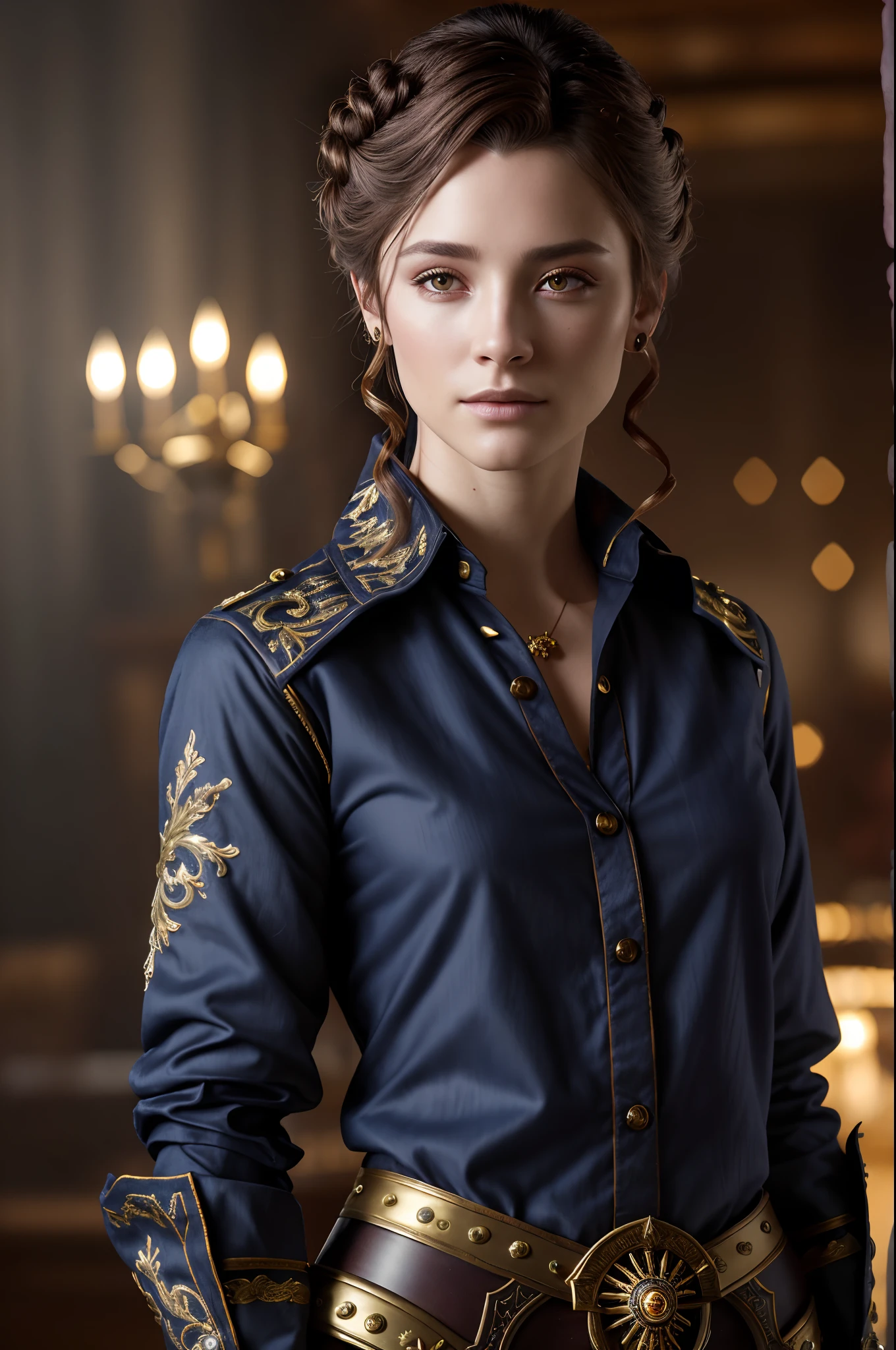 beautiful (EvelynNobodySD15) western RPG character brunette hair upsweep updo button shirt, Lighting-Gold (dark moody ambience:1.2) (masterpiece:1.2) (photorealistic:1.2) (bokeh) (best quality) (detailed skin:1.2) (intricate details) (Clutter-Home) (8k) (HDR) (cinematic lighting) (sharp focus)