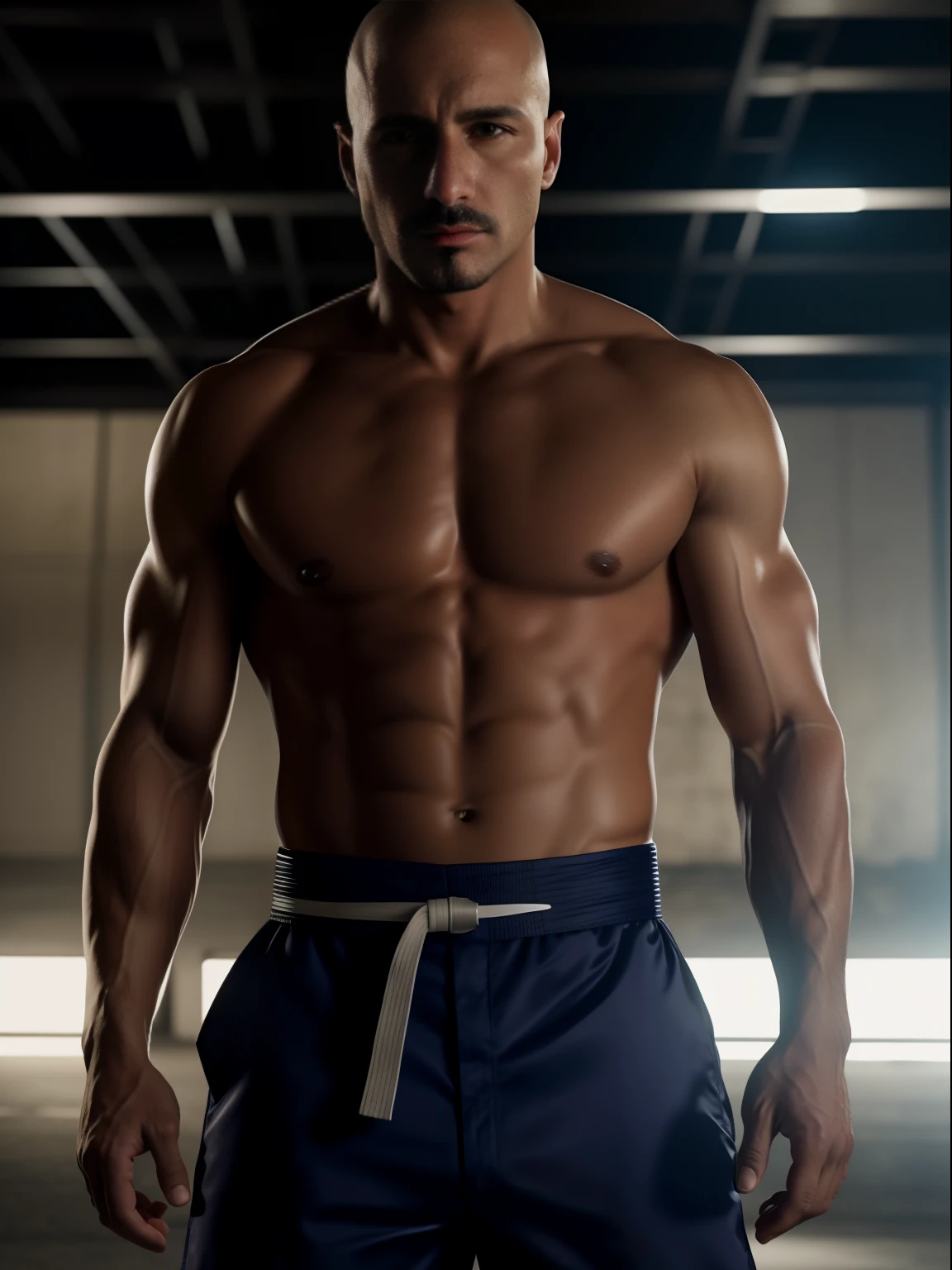 um homem careca vestido com as roupas do Kyo Kusanagi. looking-into-camera. Cinematic 8K. ultra realistic. Super detalhado