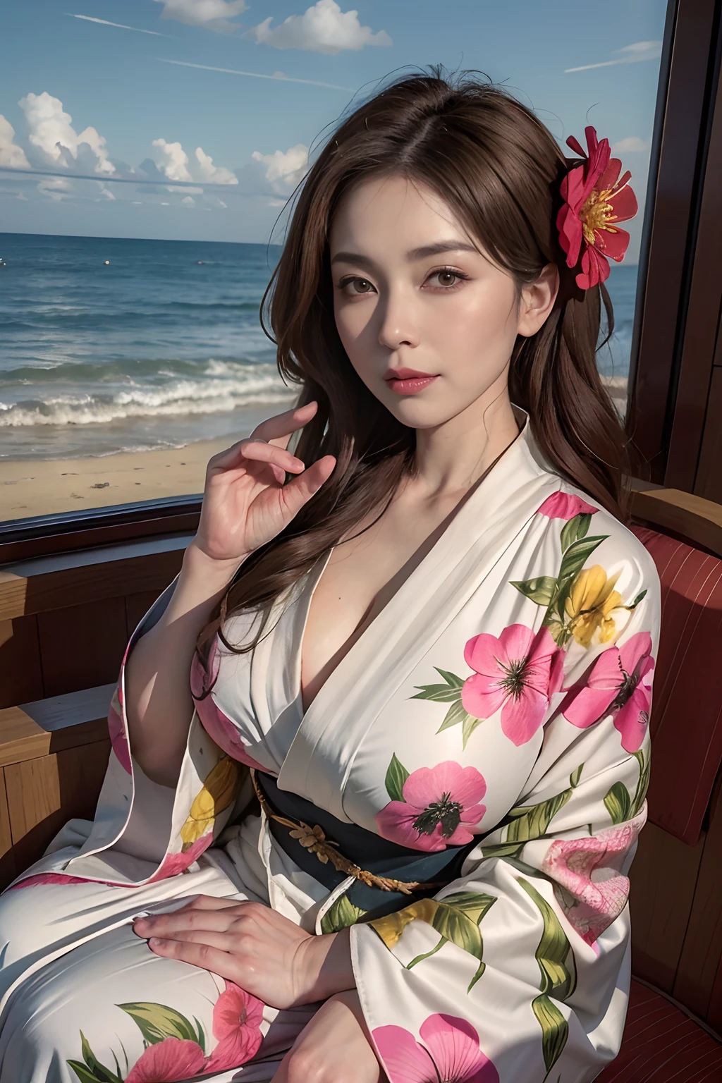 (Side Focus)、Facing to the side、((Beach))、((mare))、Side、Surrealist portrait of a beautiful mature woman by David Hockney and Alphonse Mucha,((Kimono with less fabric))、Sexy light kimono with little fabric、sexy kimono、sexy kimono,(((Breasts that seem to spill out of kimono)))、(Breasts are sticking out of the kimono)、Crumbled kimono、Decorated with fine embroidery and kimonos decorated with fine jewelry,The kimono is about to tear、Protruding 、(((Japan Woman, 50 years old)))、(((A sexy mature girl)))、queen、(Sexy Married Woman)、( Exposed)、((the royal palace))、((Royal Sofa)),Fantasyart,((long wavy hair of light brown color))、photographrealistic,动态照明,art stations,poster for,curvy model, curvy body, thick body, (Breasts are big), goddes, Beautiful body, amouranth, large breasts size, Better known as Amouranth、Volumetriclighting,extra detailed face,4 k'',((Colossal tits))、With diamonds,Sexy thighs,Exposing your feet、exposing the abdomen ,Chest 1 Girl, In the Dark, deepshadow, low tune, Cowboy Shot,(official clothing:1.4), The eyes are confused and seductive,legs separated、