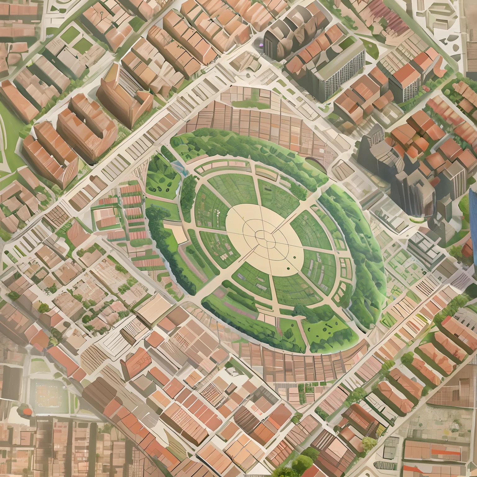 melhorar qualidade de imagem, melhorar qualidade de mapa, an aerial view of a circular garden in a city, aerial illustration, Parks and Public Space, isometric aerial view, cidade em camadas expansiva e detalhada, aerial view of a city, isometric map, cidade detalhada, Utopia Solarpunk do Centro, planeamento urbano, bird's eye view of a city, isometric vision, Sunken Square, Directed by: Artur Tarnowski