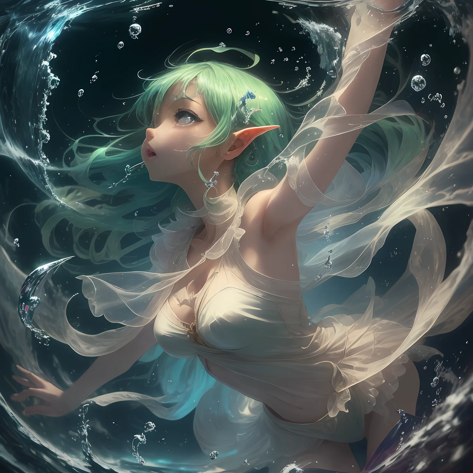 1Man Elves、Dancer's clothes、Young Elves、Fluttering clothes、See-through,Implicit panty shots,translucent clothes、length hair、bright green hair、Open your eyes、Wow、struggle、suffer、look up to、flapping limbs、uneasy、terroral、hopelessness、Rounding the body、Open your mouth wide、Exhale、tremble for、hard breathing、convulsions、Exhale through your mouth、Twisting the body、Bending limbs、both hands on chest、Freediving、Hold your chest with your hands、Jump into the water、abyssal、Stroking your chest with both hands、Dive to the bottom of the ocean,Hold your chest、Planktonic,Sinking to the bottom of the water、Looked、opened mouth、Pointed upwards、leaning-forward、Forward leaning position、Twisted body、arched back、twisted hips、Bending the body、Rounded upper body、I turned my body around、Wriggled the whole body、legs open、Arms lifted、Feet swam、arched hips、Belly dance、Legs opened、Dance with swinging hips、profile、Sensational dance、bblurry,Struggling hard、Falling、Many bubbles、Intense foam、dynamic ungle、upper angle、Cute art style, Highly detailed artwork,anime in fantasy style, Stylized anime,anime cover, anime fantasy illustration, Anime Artwork, Anime Art Style, beautiful anime art style