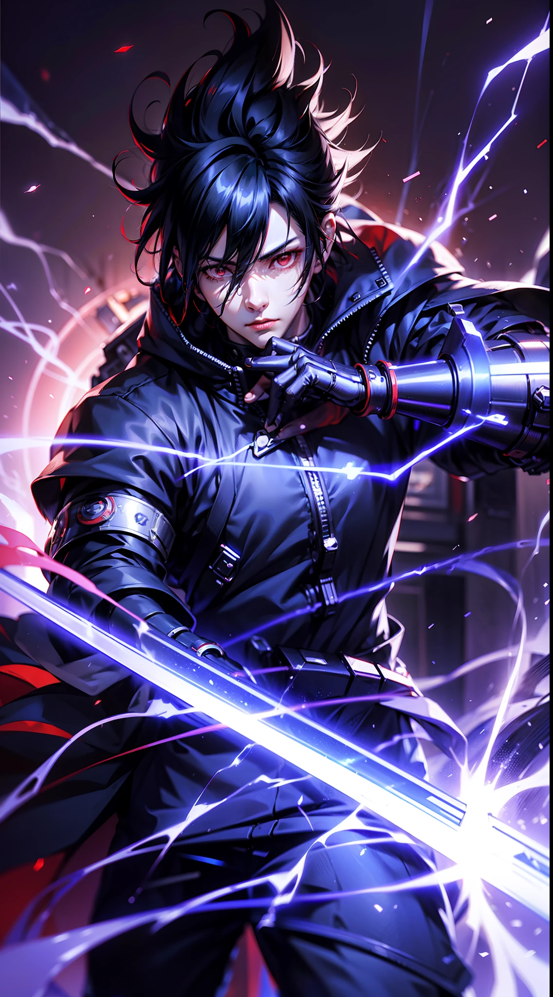 1boy，(((Solo)))，Male，Uchiha sasuke, A character in Japanese manga "Naruto" and its derivative works，（dynamicposes：1.5），holding knives，katana swords，Thunder and lightning surround，realistic lightning，salama，eletric，skills_Susano，Close-up，The character is close to the shot，Metal forehead protection，Shaw tidied up his uniform，Mechanical arms,Red eyes， Black hair，best qualtiy，rhythm，unreal 5 render，rendering by octane，3D，8K分辨率，