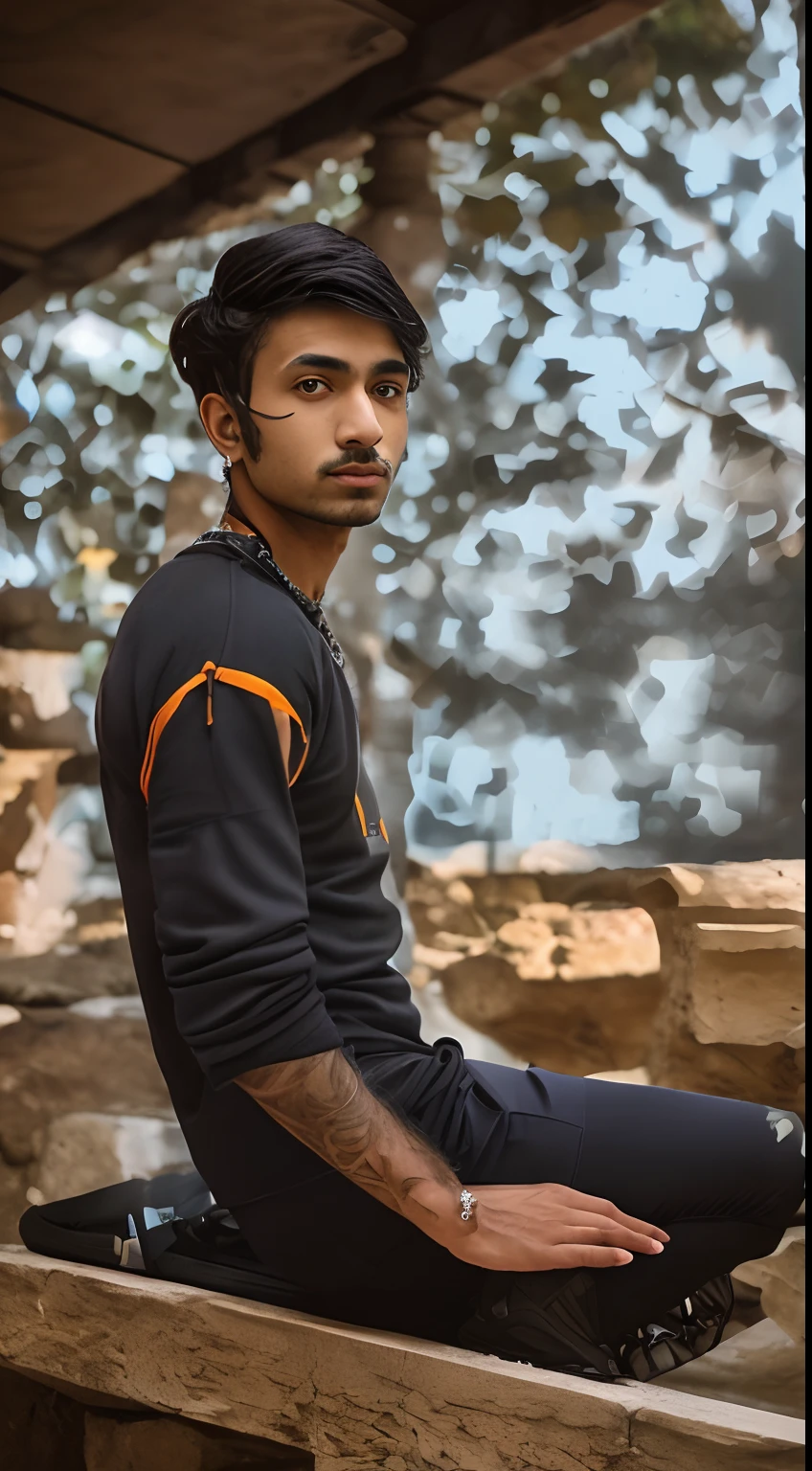 arafed man sitting on a stone ledge with a backpack on his back, ayan nag, portait photo profile picture, very artistic pose, mohamed chahin style, assamese aesthetic, potrait, with a cool pose, jayison devadas, headshot profile picture, casual photography, candid picture, portrait shot 8 k, stylish pose, profile photography, profile portrait