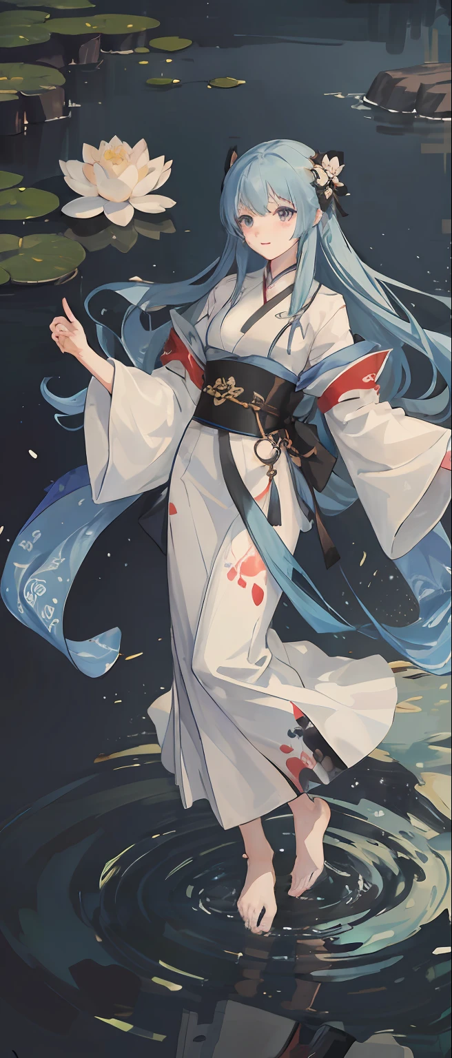 ((4k,masterpiece,best quality)), shuimobysim, traditional chinese ink painting, lotus, hanfu, maxiskit, dress conservatively 1girl, solo, long blue hair, smile, standing, feet in the water, barefoot,