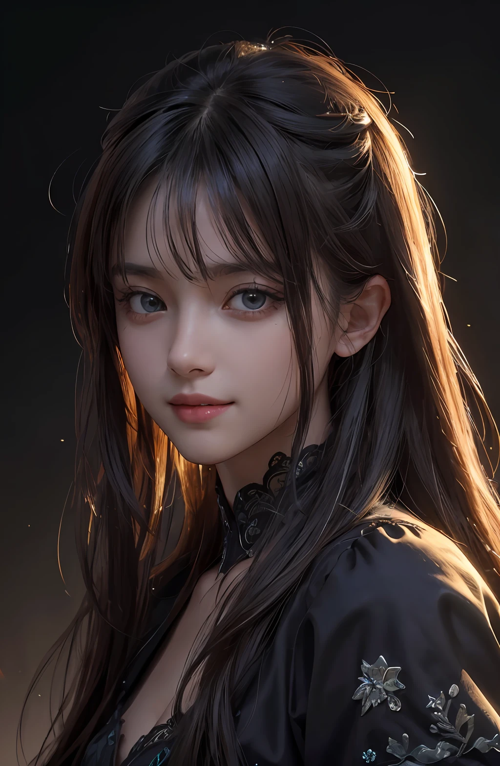 (ultra realistic) , (illustration), (increase resolution), (8K), (extremely detailed), (best illustration), (beautiful detailed eyes), (best quality), (ultra-detailed), (masterpiece), (wallpaper), (detailed face), solo,1 girl, looking at viewers, neon style, edge highlight, bokeh, HDR, Raw, delicate details, detailed faces, in the dark, deep shadow, low key,pureerosfaceace_v1, smile,