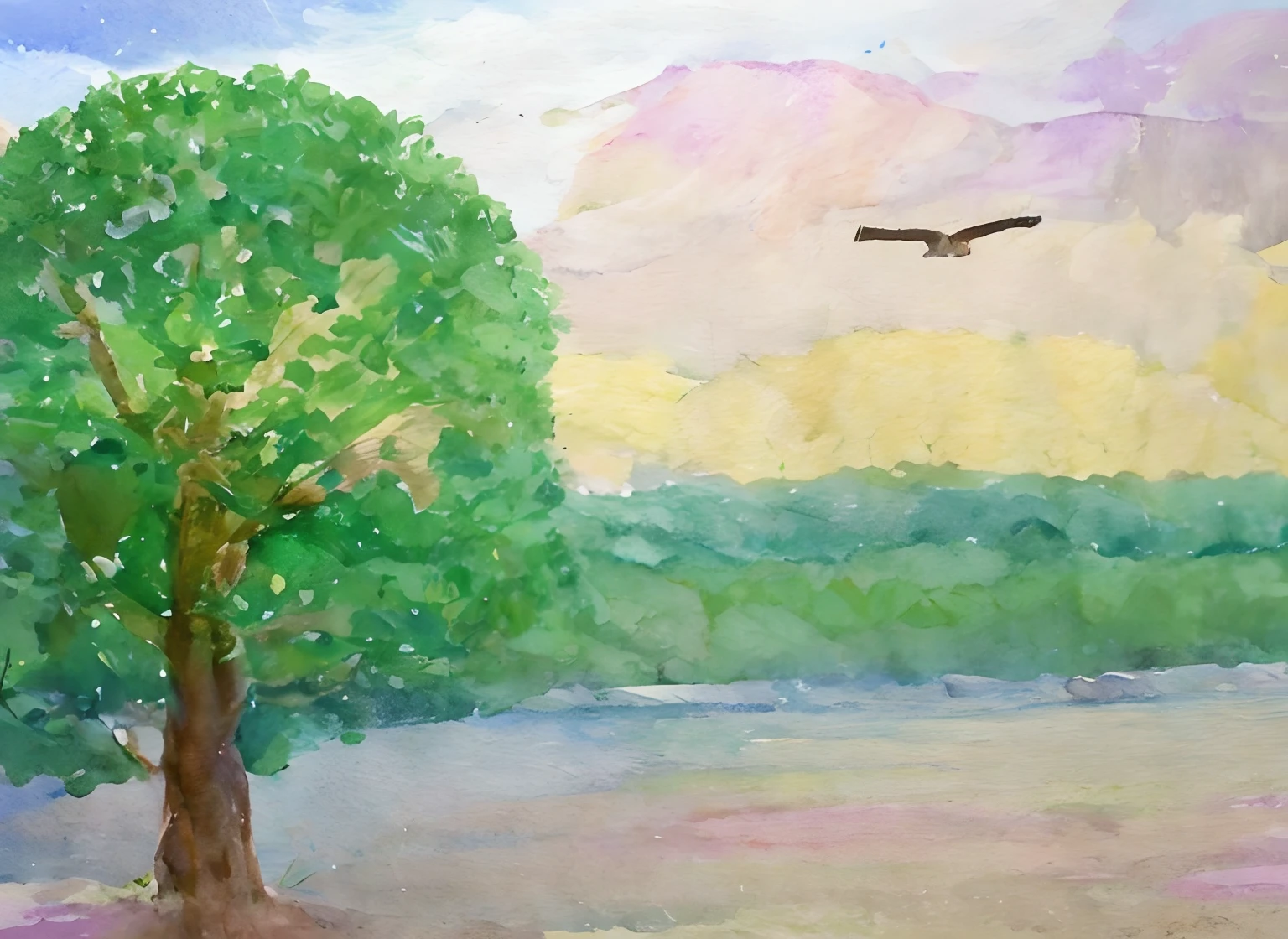 painting of a tree and a bird flying over a lake, a watercolor painting, watercolored, watercolor colored painting, watercolor landscape, rough watercolor painting, watercolor on paper, watercolor inpaint, water color, simple watercolor, water color on paper, watercolors and acrylics, simple water color, painted in bright water colors, water colour, muted water color, watercolor painting
