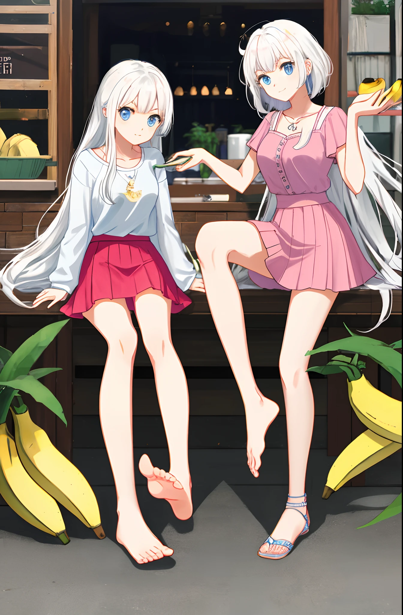 pinkskirt，White hair，bare-legged，Bananas on the soles of their feet。