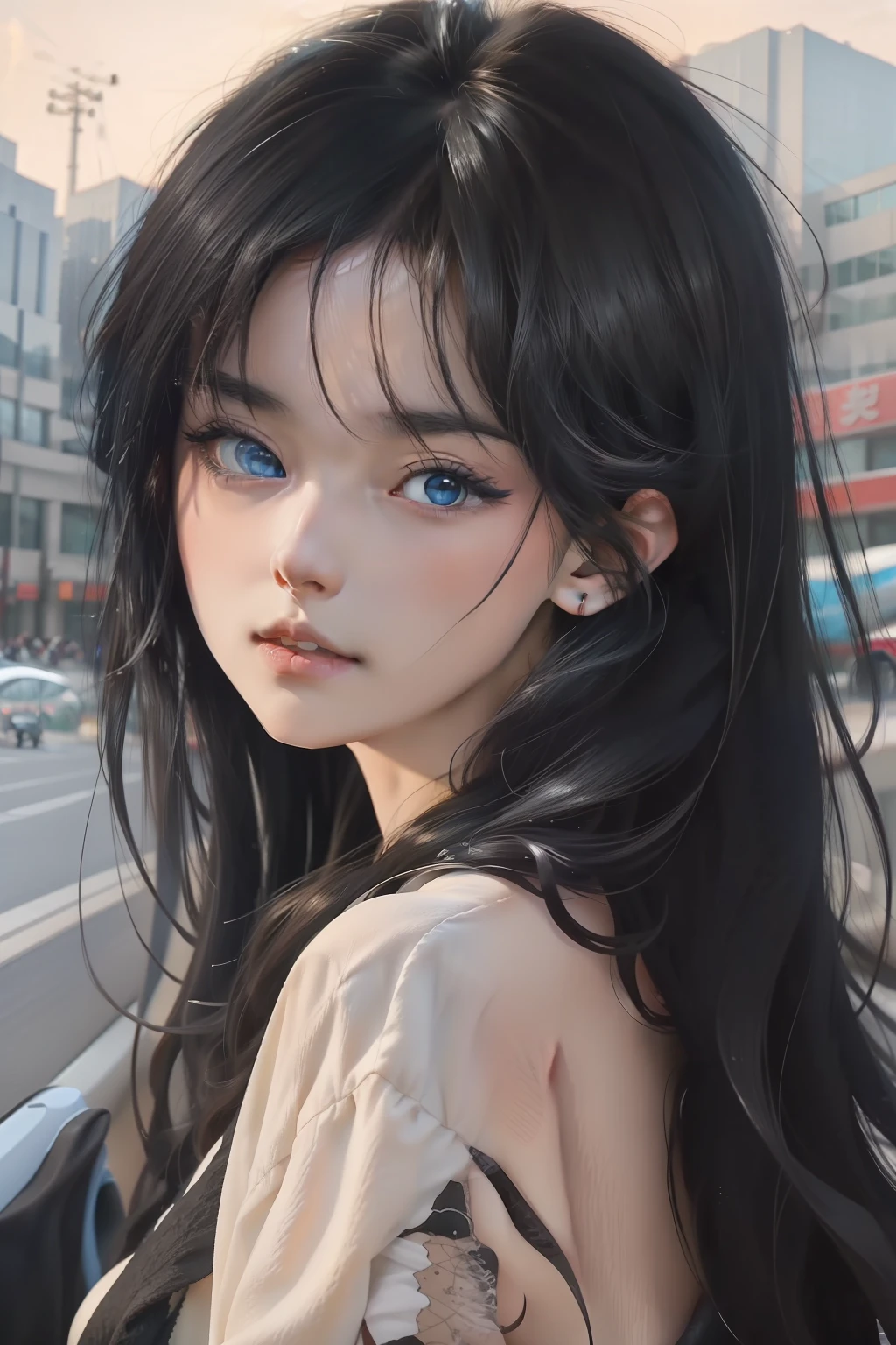 Black hair and blue eyes staring at the girl, an anime drawing by Yang J, trending on pixiv, serial art, anime girl profile, Guviz-style artwork, Guviz, Beautiful anime face, a beautiful anime portrait, Stunning anime face portrait, Beautiful anime, Digital anime art, Beautiful anime girl, lisses