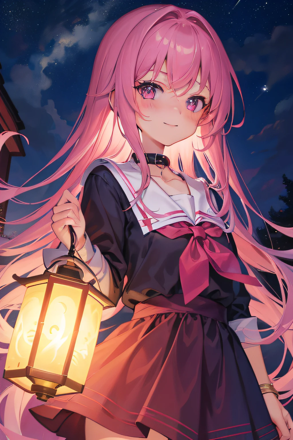 8K, Best Quality, (Masterpiece: 1.2) , Super Detail, 1 Girl, Cute, Indie, Beautiful Details Sky, Night Sky, Evening, (Nose Red) , Sweet Smile, (Smile: 1.15) , (Shut Up) Small Tits, Small Beautiful Detail Eyes, (Collar Shirt: 1.1) , Night, Sailorfuku, Black Sailorfuku, Long Hair, Pink Hair, Flowing Hair, Pink Eyes, Holding Lantern