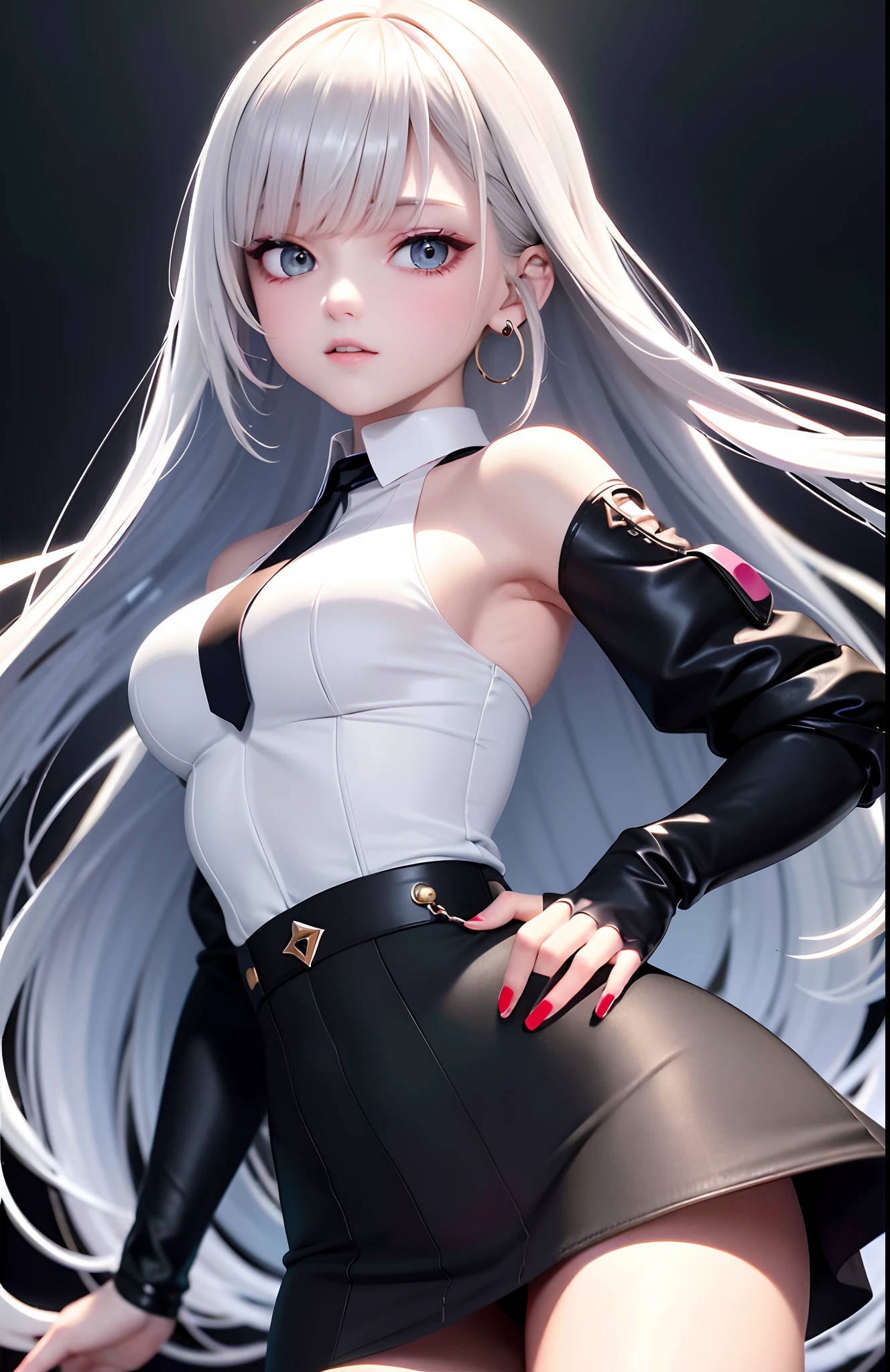 optimum,tmasterpiece,A high resolution,best qualtiy,hyper HD,super detailing,Award-Awarded,16k,独奏,(The upper part of the body),anatomy correct,Beautiful cyberpunk girl,Ex Machina,cute face,high light,Gradient Beige Hair,Hairline,((Scarlet eyes)),long eyelasher,Hanging eye corners,White skin of the,(small boobs),(Slim body),((Dress shirt)),((high-waist_Skirt)),(),ear studs,(neck rings),(Laser material clothing:1.2)