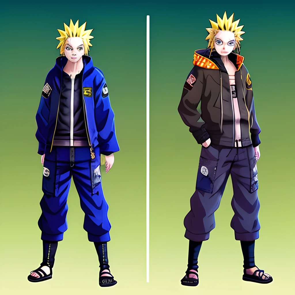 Naruto com coroa de um rei Madara do lado com roupas roxas
Neon