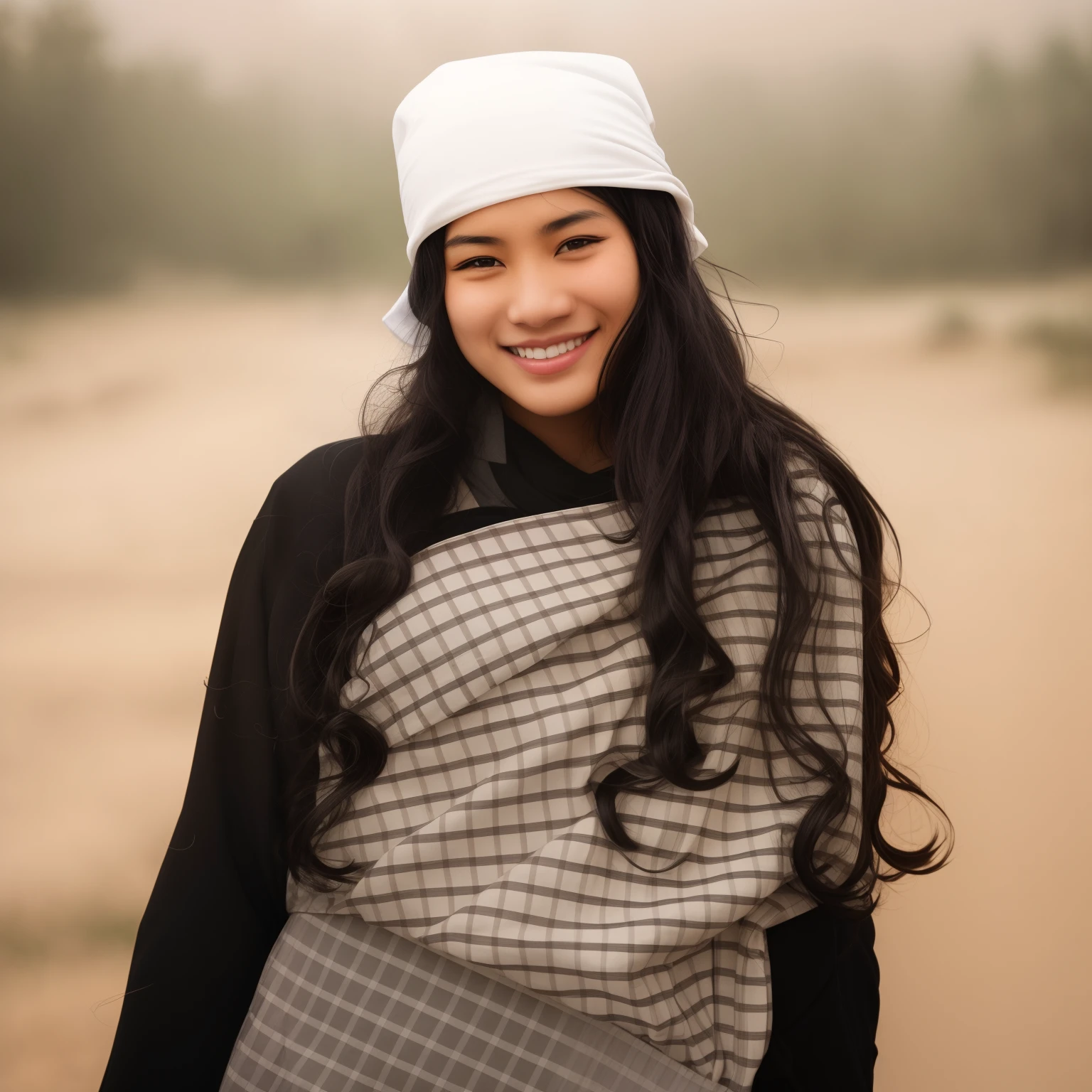 Realistic face human arafed woman in a white hat and black shirt posing for a picture, photo of a woman, with black beanie on head, cloth head wrap, photo of young woman, imane anys, beautiful young himalayan woman, white hijab, photo of a black woman, chequered cape, taken in the early 2020s, young himalayan woman, smile,