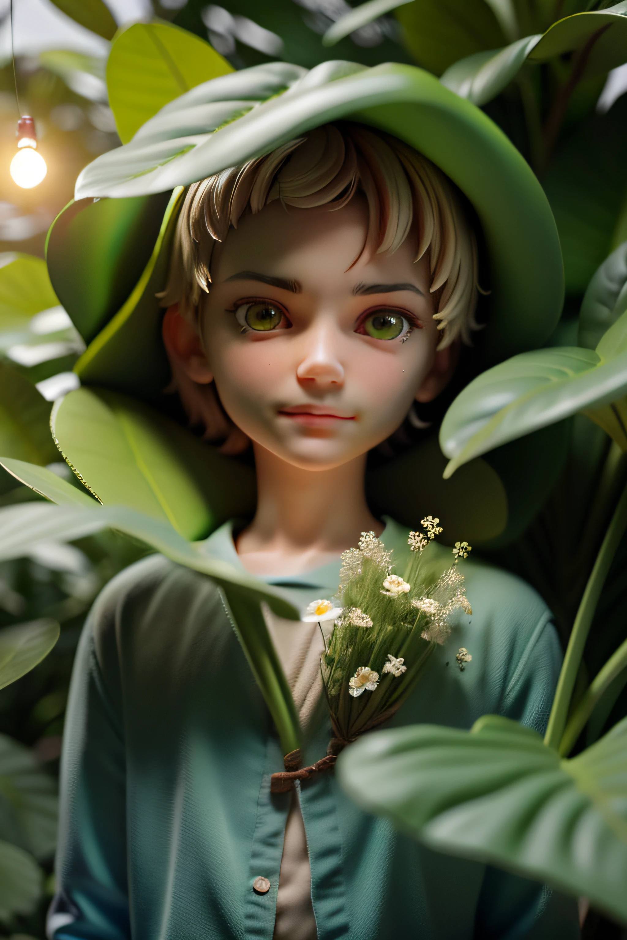 green leaf,jungles,critters, Flowers, Birds,schoolboy,A boy's face emerged from the leaves,(Highest image quality), (The work of the master), (Hyper-detailing), (eye detailed: 1.0), (light flare lens: 1.0), (filmposter: 1.0), (unwind, downy :1.2), (Light beauty details:1.0),(ssmile:1.0) ,