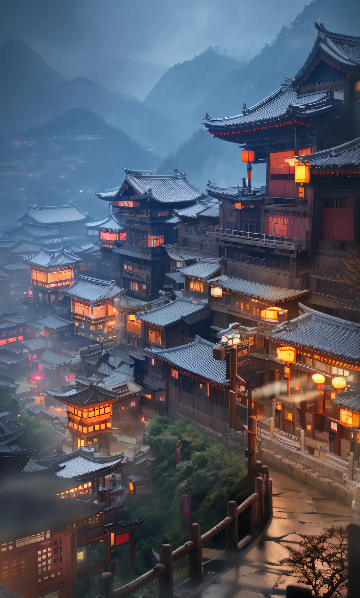 arafed view of a village with a lot of lights on the buildings, dreamy chinese town, chinese village, amazing wallpaper, japanese town, japanese village, hyper realistic photo of a town, old asian village, japanese city, by Raymond Han, rainy evening, cyberpunk chinese ancient castle, beautifully lit buildings, at evening during rain, beautiful and aesthetic, photography, cinematic, 8k, high detailed ((Heavy rain)))