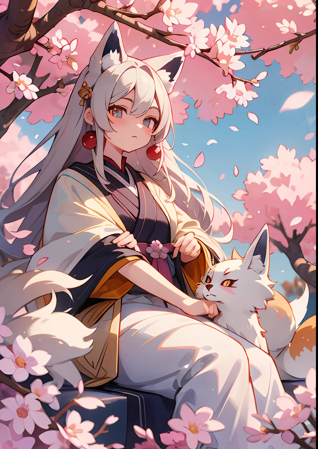 A cherry blossom tree in the background,A white-haired fox sitting on a cherry blossom tree under the stars,(younge boy:1.5),ethereal fox,nine tail fox,Dreamy,Millennium fox demon,Onmyoji detailed art,Nine Tails,a beautiful artwork illustration,mythological creatures,red fox,Beautiful digital artwork,Bright eyes,There are petals floating around them