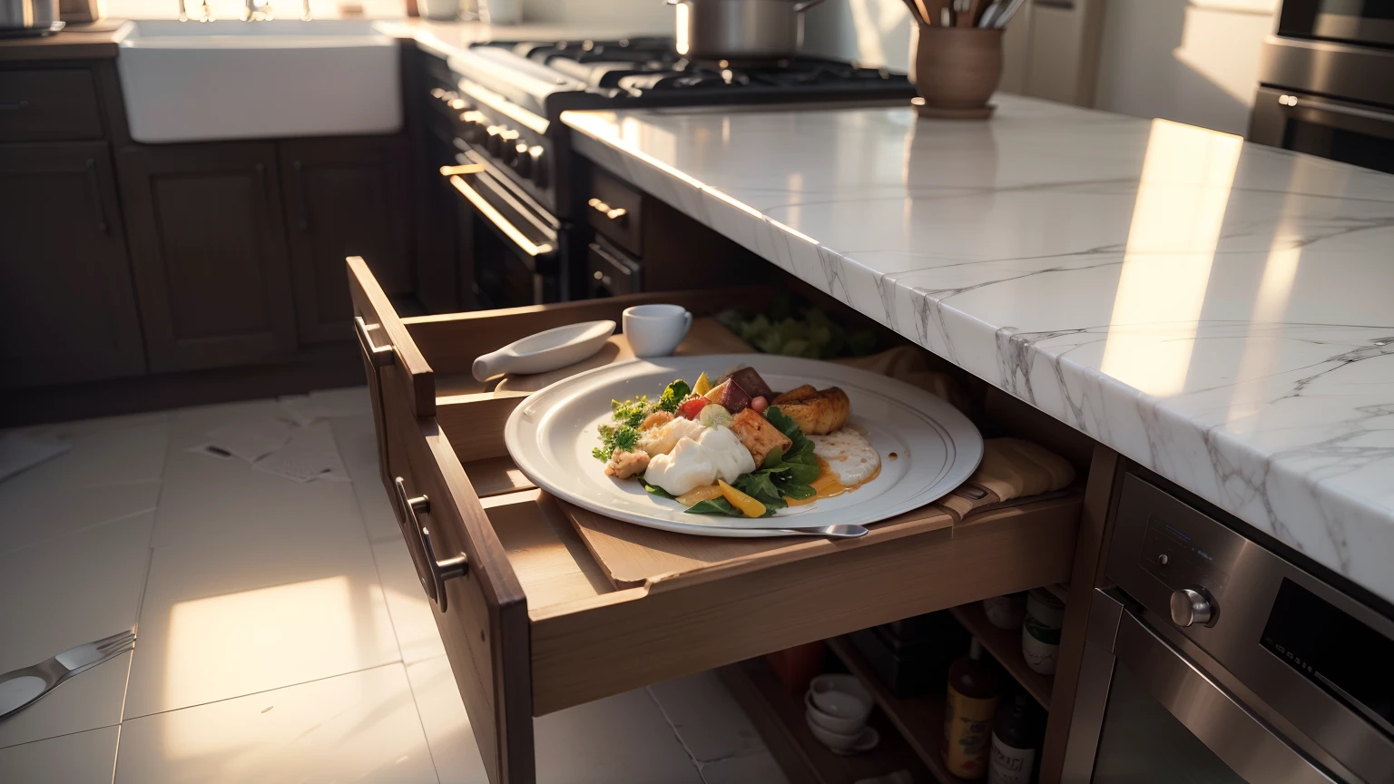 Kitchen as a meal at the bottom of the blurred table (obra-prima) (8k high resolution) (melhor qualidade) (Ultra Definition) (Ultra realista)(Foto RAW) (Foto realista) (bright illumination)