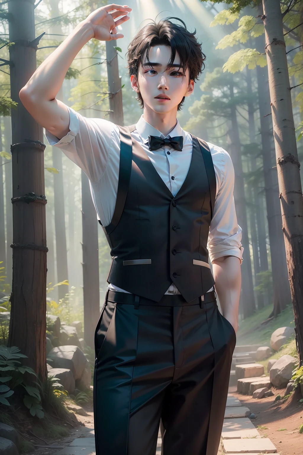 Cai Xukun's,Iron Mountain Back,Immerse yourself in the environment,great outdoors,llight rays,Suspenders,he is dancing,Crazy dancing