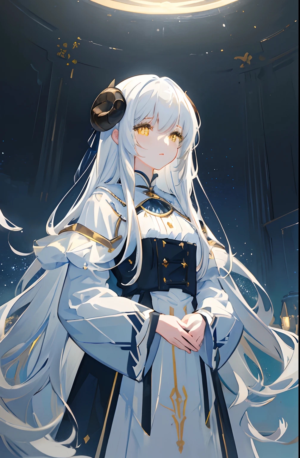 ((masterpiece)), ((top-quality)), (The Amazing Dessinger), (best artist), (Best illustrated landscapes), (best performance), (4K Full HD), (nffsw+), (1girl in) (long to)white hair, (glowing yellow eyes), (astonishing)Starry side landscape painted in artistic and cinematic tones - Mayna Pastel Style - V5(anime illustrated)、Sheep's Horn