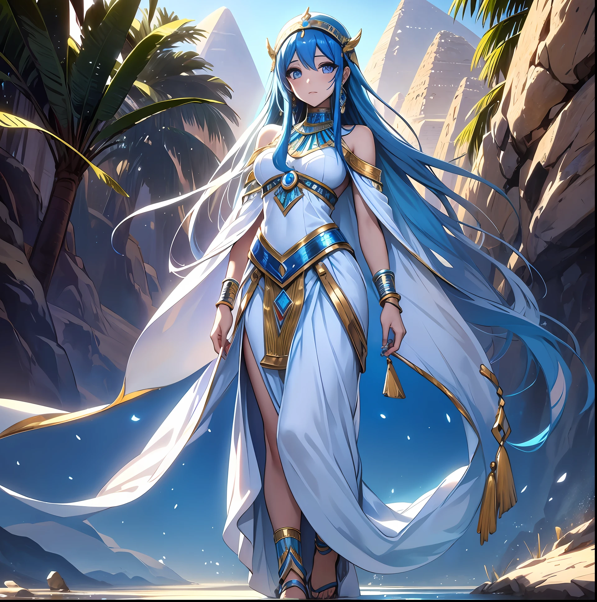 best qualityer,tmasterpiece,Ultimate resolution,downy,Extremely colorful,Colorful,Oasis background,Ancient Egyptian woman,Long azure hair,a matural female,Long white dress in Egyptian style,a white long skirt,Desert oasis,Nile River,Nile River,Normal posture