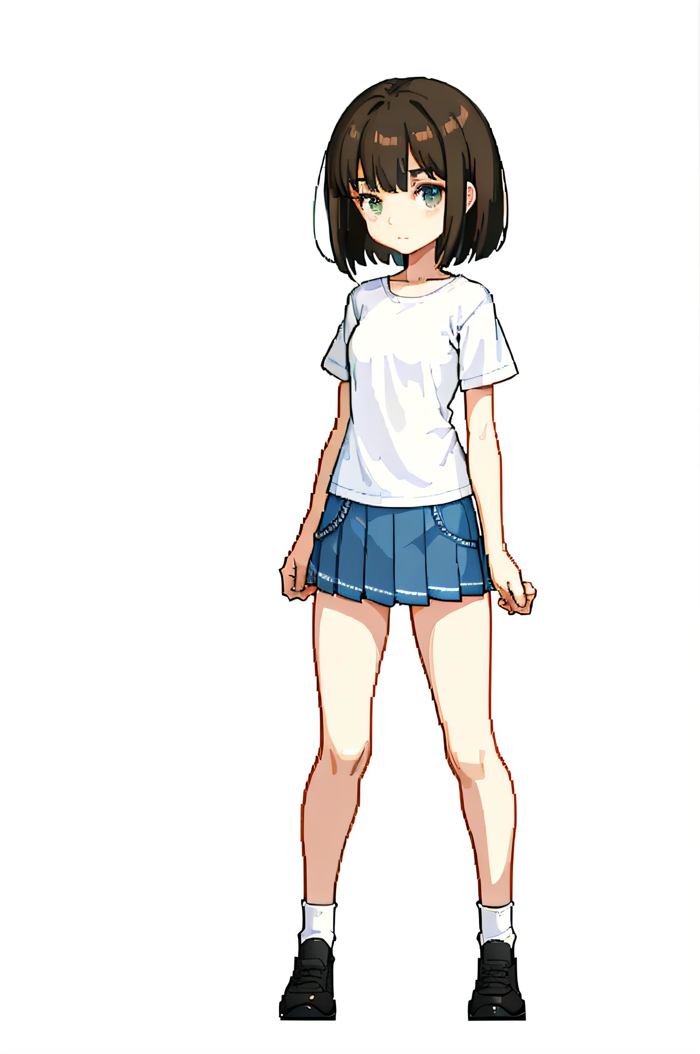 Photorealsitic, Bright indoor, Soft light, Low contrast, Shallow depth of field, Beautiful girl illuminated by gentle light, long straight bangs hair, hair color is a dark chestnut shade with a slight brown tone, hair with a subtle and gentle wave, Short bob hair, (White blouses), (Denim miniskirt), (Silk White Socks), (pumps), (Full body:1.5), squatting, Blank white background